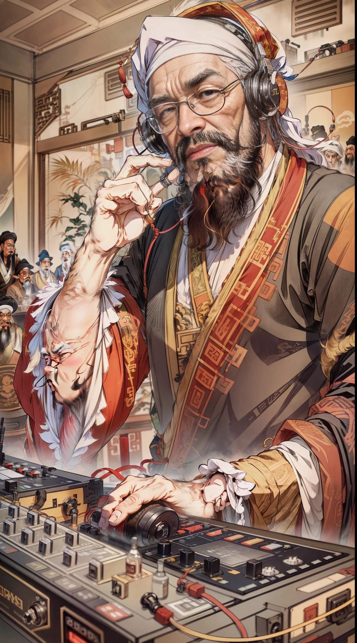absurderes,(4K, Best quality, A high resolution:1.1), (巨作:1.1),(full bodyesbian),1 Men,sbeard,Long beard,Beard,Solo,Chinese men,Hanfu,Lunette de soleil,DJing,DJ,Earphone,Raised his hand,peeping at the viewer