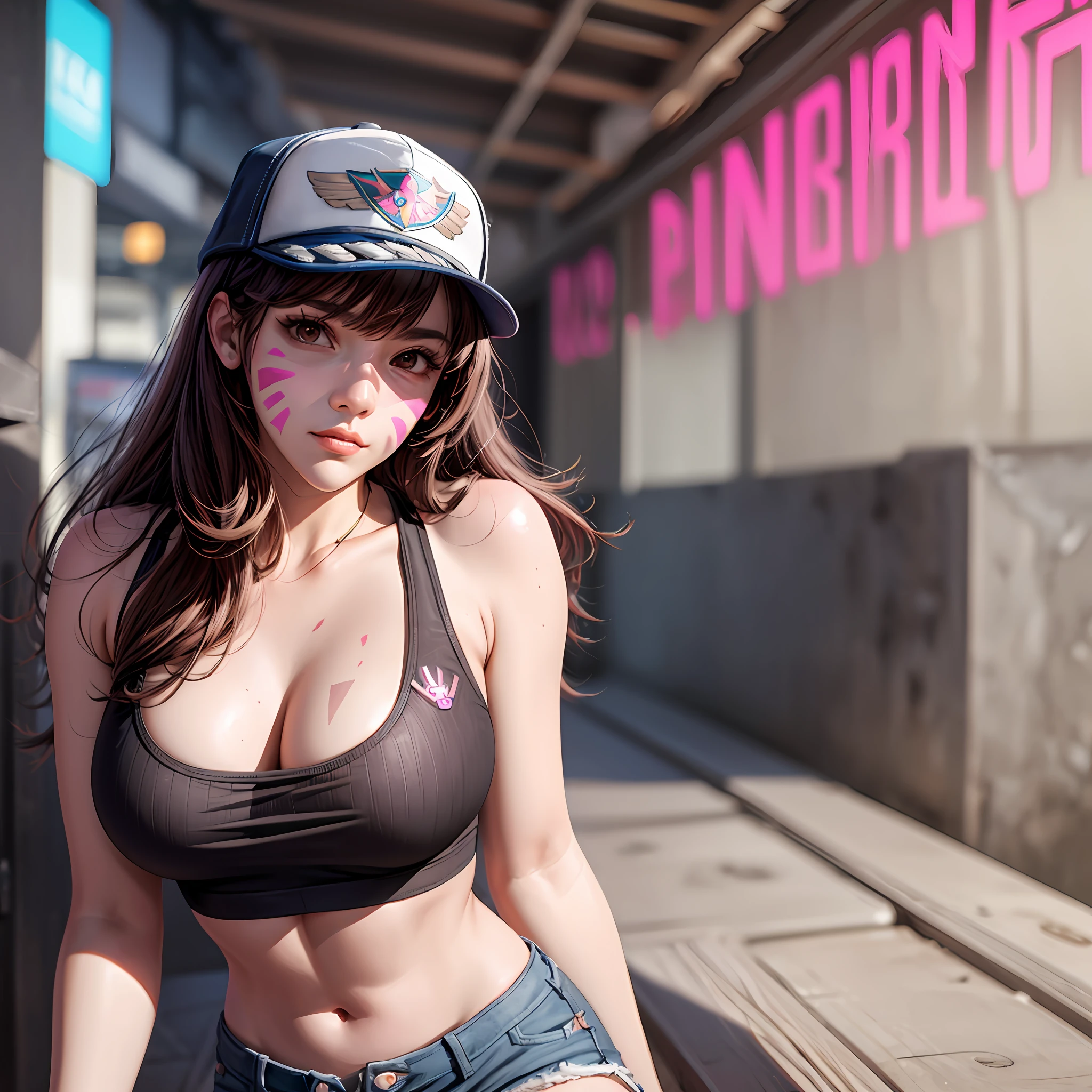 close-up shot, (bold:1.2) D.va, (tank top:1.1), (short shorts:1.1), (pink facial mark:1.1), (brown hair:1.1), (brown eyes:1.1), (pale white skin:1.05).