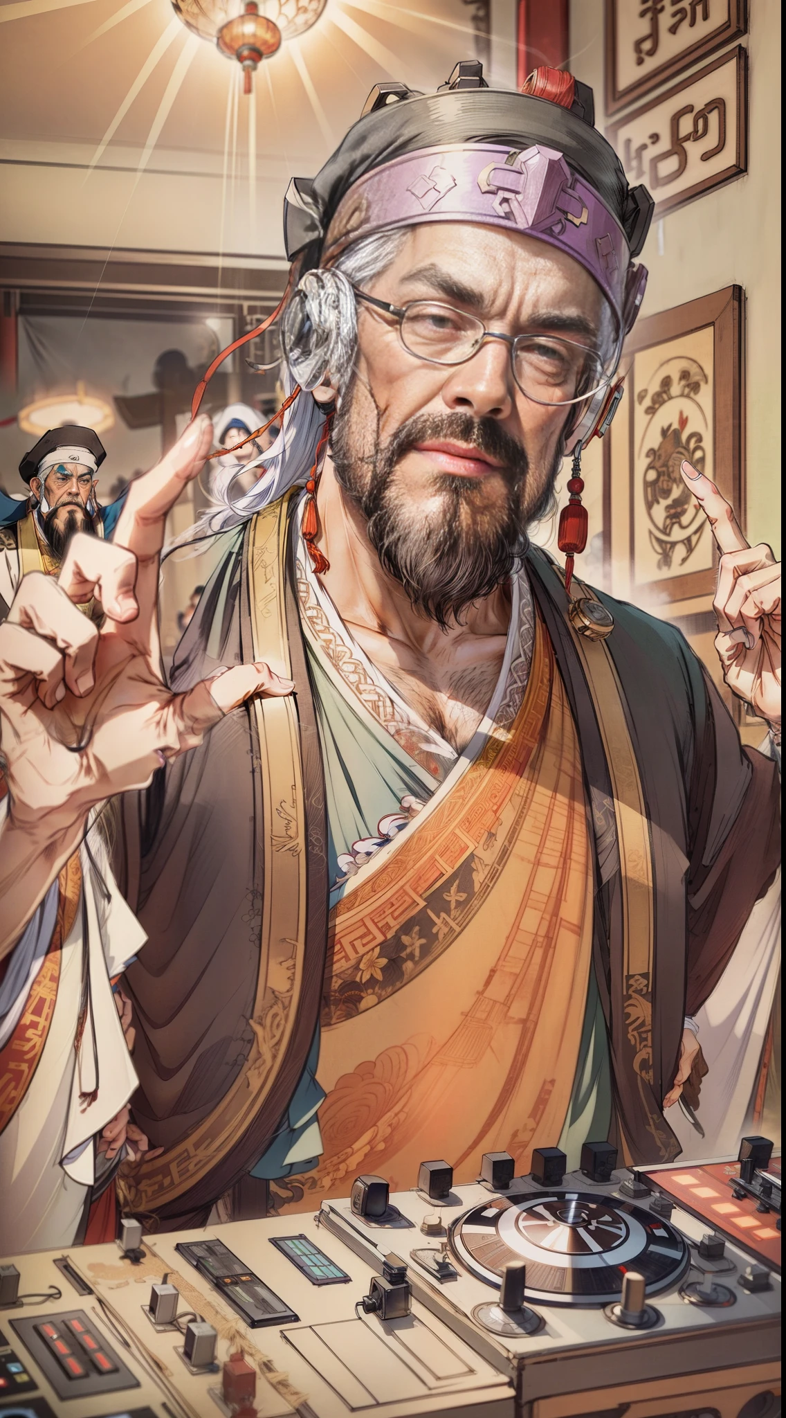 absurderes,(4K, Best quality, A high resolution:1.1), (巨作:1.1),(full bodyesbian),1 Men，sbeard，Long beard，Beard，Solo，Chinese men，Hanfu，Lunette de soleil，DJing，DJ，Earphone，Raised his hand，peeping at the viewer