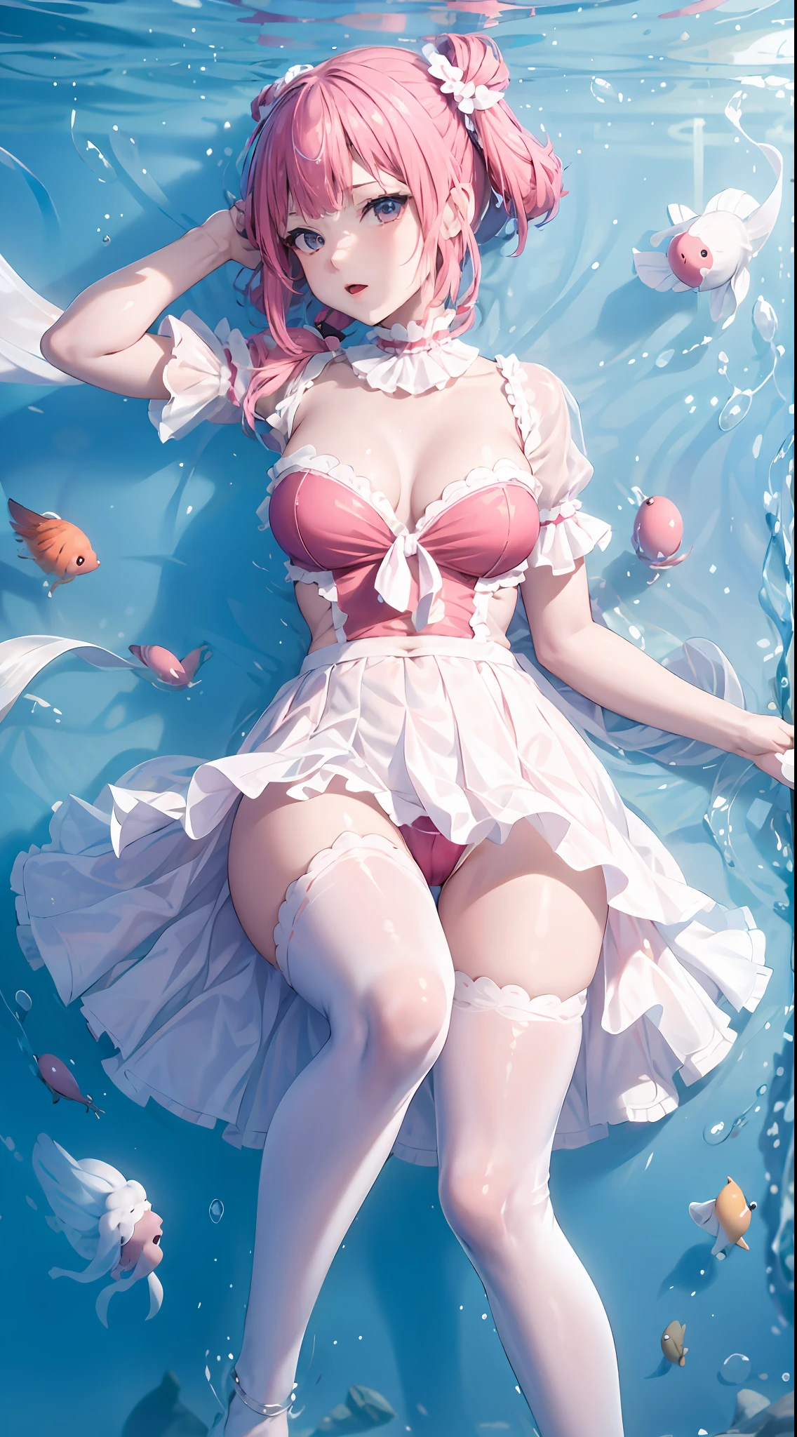 There was one lying in the water, Anime girl cosplay, ;nakeness,Pussy,Vaginal opening,medium boob, In the water, pink twintail hair and cyan eyes, ahegao, , humanoid pink female squid girl, In water, belle delphine,