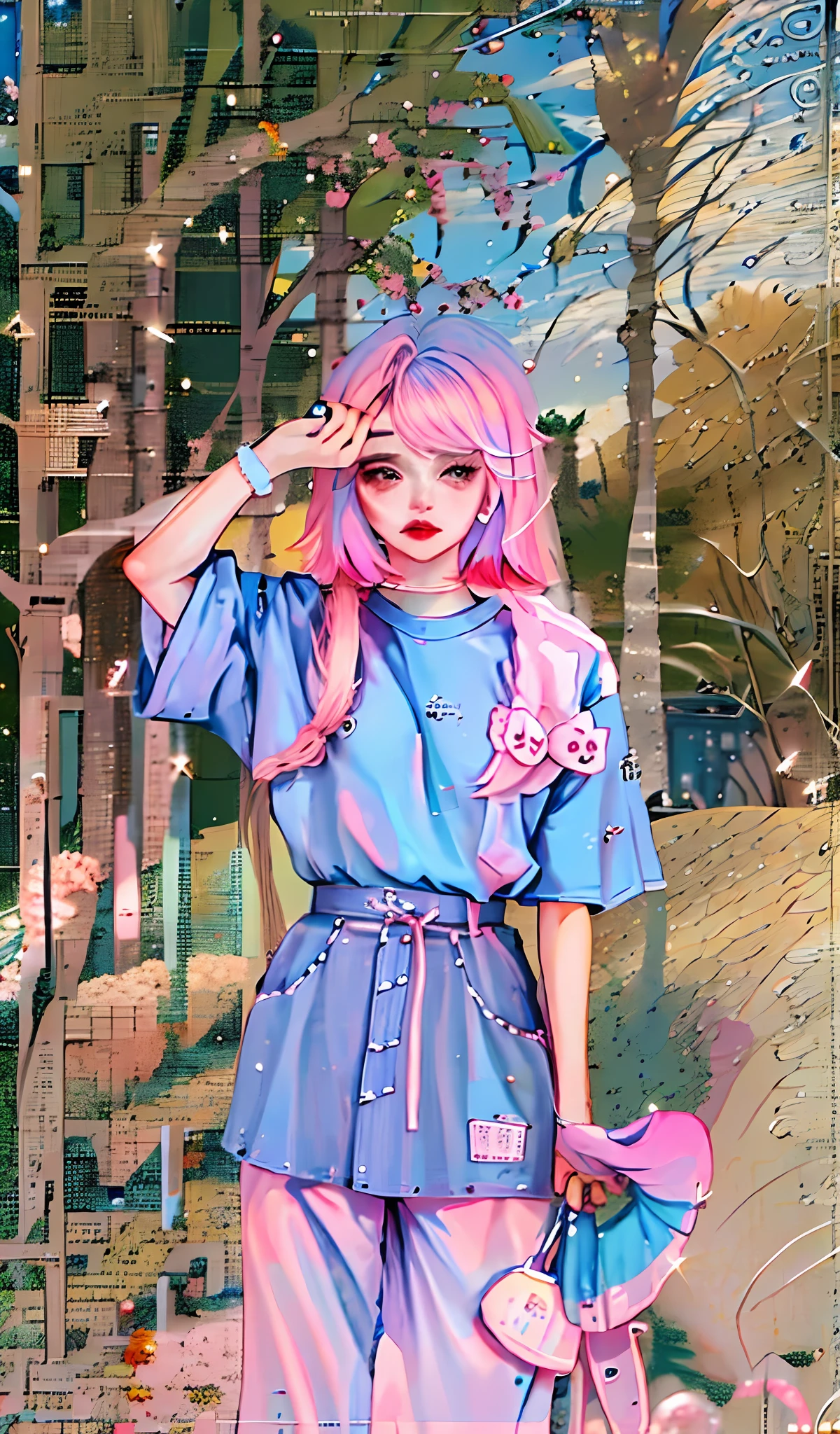 Pink-haired Arad woman wearing mask and blue shirt, kawaii shirt and jeans, E-Girl, e - girl, sky blue straight hair, cute girl with short pink hair, sky blue straight hair, Silent vapor wave unreal gradient, ulzzangs, Pink and blue hair, aesthetic cute with flutter, with pink hair, Blue and pink