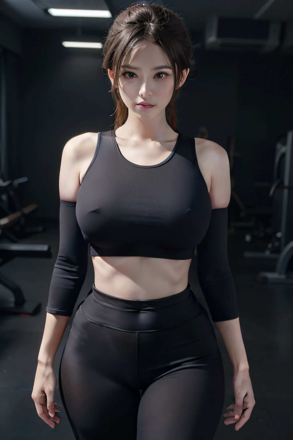 ((best qualtiy, 8K, tmasterpiece:1.3)), Sharp:1.2, perfect figure beautiful woman:1.4, Slim abs:1.2, ((Layered Hair Style, huge tit:1.2)),Highly detailed facial and skin texture,A detailed eye,二重まぶた,gym room,Yoga pants for,pony tails