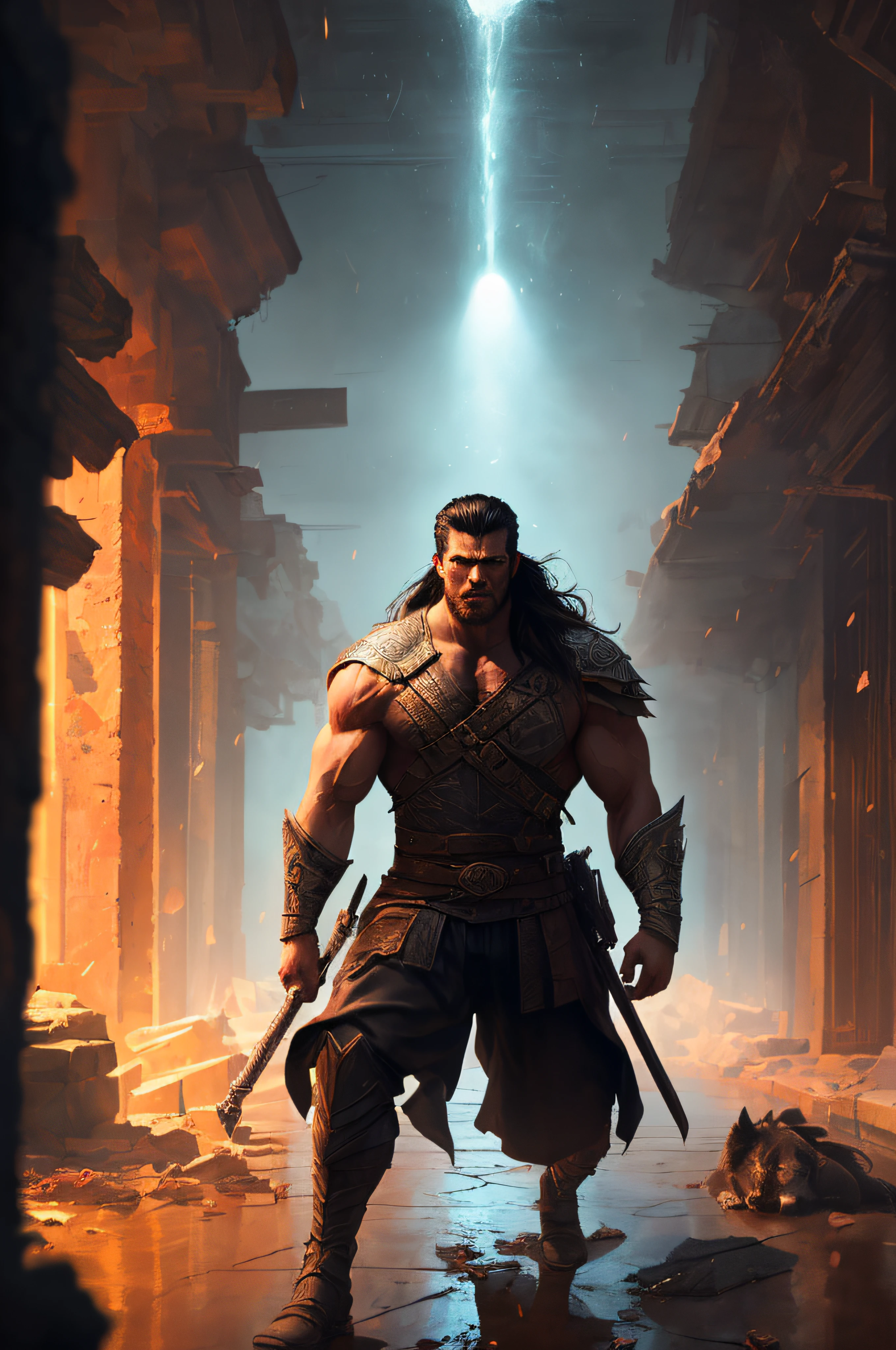 photo of the most beautiful artwork in the world featuring soft lustrous male hero, ((epic heroic fantasy muscular men rugged wet wounded hero angry looking with long hair and long beard and fierce looking in a dynamic posture dying on the floor, fantastic location, majestic cluttered environment)), full body 8k unity render, action shot, skin pores, very dark lighting, heavy shadows, detailed, detailed face, (vibrant, photo realistic, realistic, dramatic, dark, sharp focus, 8k), (weathered damaged old worn leather outfit:1.4), (intricate:1.4), decadent, (highly detailed:1.4), digital painting, octane render, artstation, concept art, smooth, sharp focus, illustration, art by artgerm, (loish:0.23), wlop ilya kuvshinov, and greg rutkowski and alphonse mucha gracias, (global illumination, studio light, volumetric light), heavy rain, particles floating
