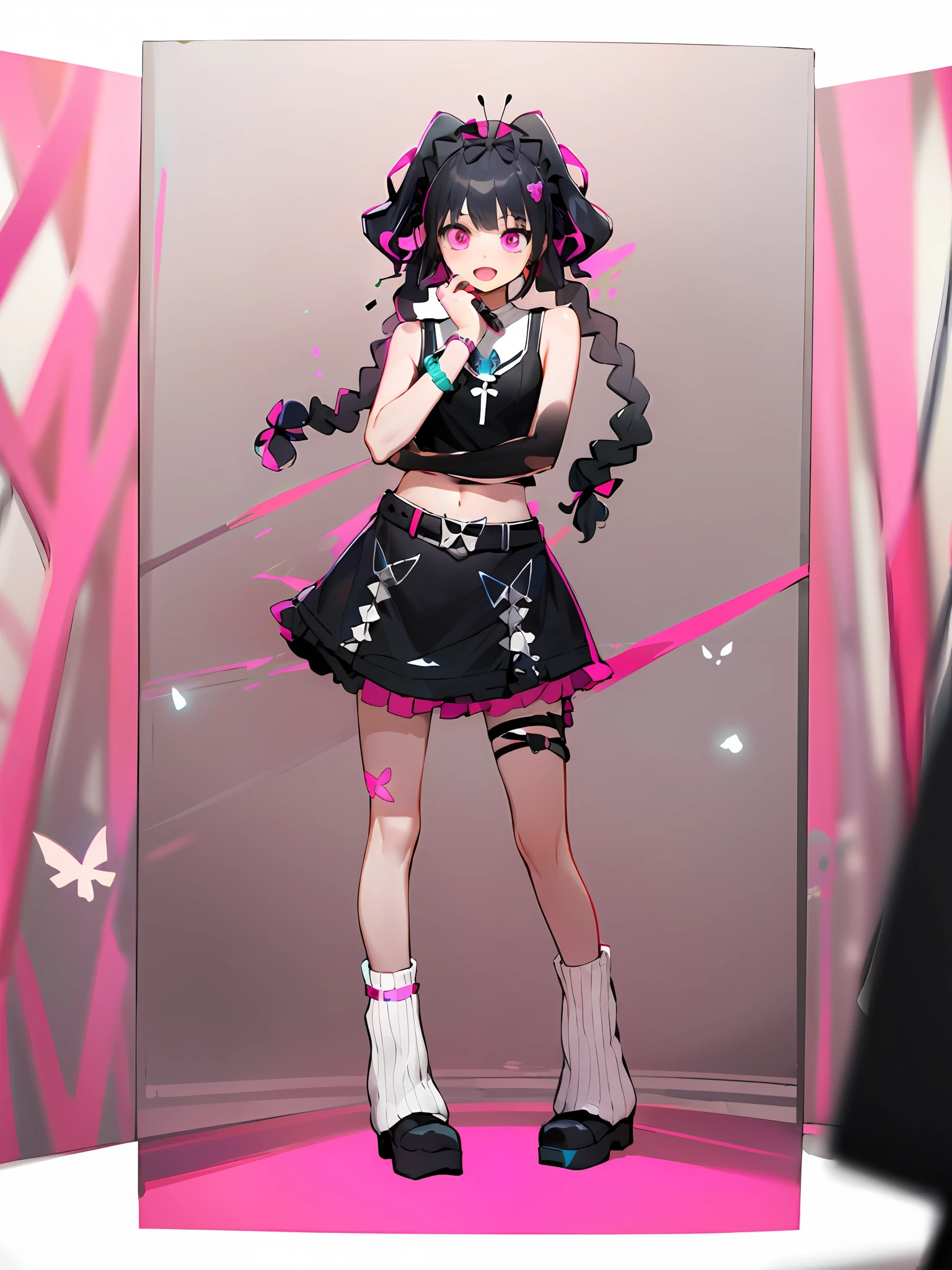 ((Masterpiece,Best quality))Pink bow on the head,Crop topping , Black ribbon, Hair ribbon,  Face front，one-girl，black sash，pink and black hair，ribbon，Black boots，Fold socks double pockets，standing on your feet，Sing，Sing，Sing，Stage，Pink and black tops，Pink eyes，Pink microphone，Pink butterfly，Open navel，Bracelet，leg loops，Harnes，Bare arms，Twist braids