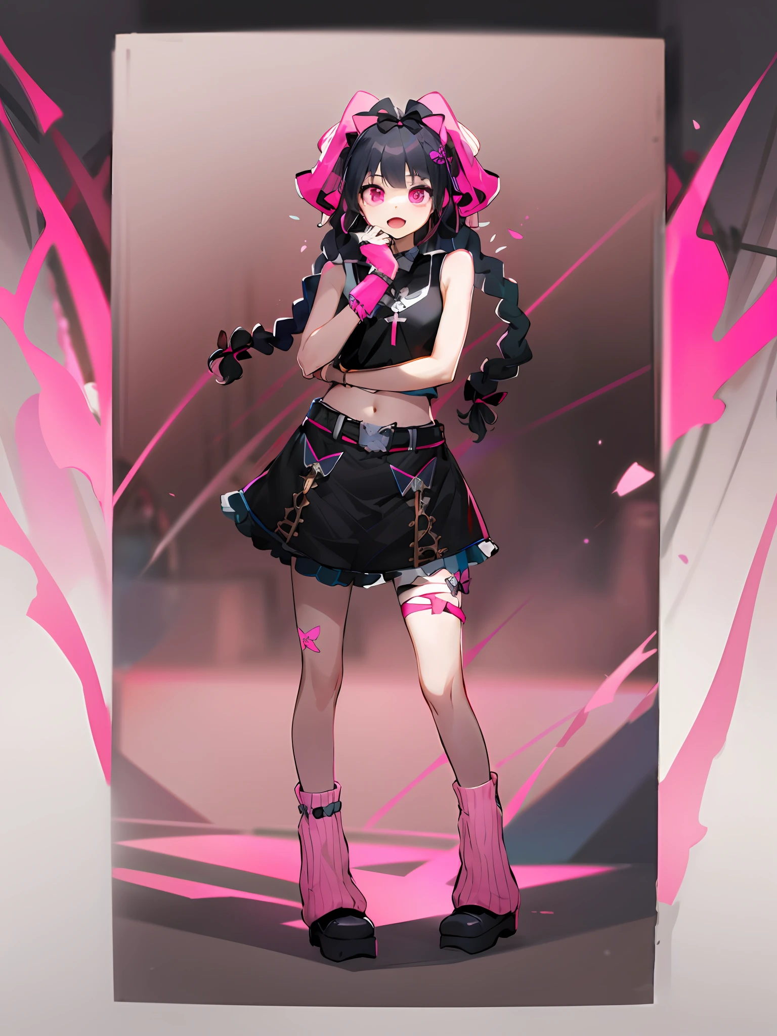 ((Masterpiece,Best quality))Pink bow on the head,Crop topping , Black ribbon, Hair ribbon,  Face front，one-girl，black sash，pink and black hair，ribbon，Black boots，Fold socks double pockets，standing on your feet，Sing，Sing，Sing，Stage，Pink and black tops，Pink eyes，Pink microphone，Pink butterfly，Open navel，Bracelet，leg loops，Harnes，Bare arms，Twist braids