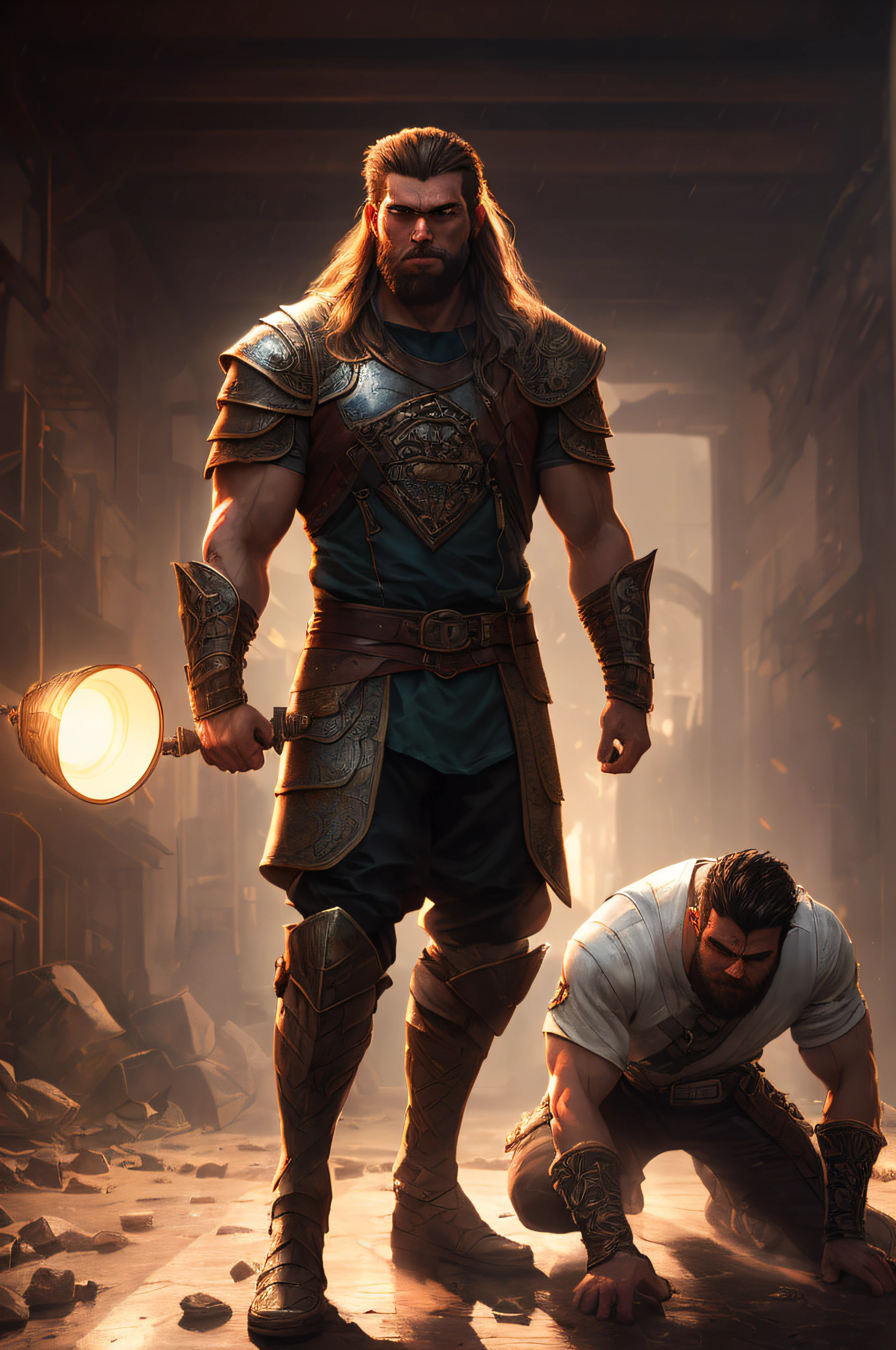 photo of the most beautiful artwork in the world featuring soft lustrous male hero, ((epic heroic fantasy muscular men rugged wet wounded hero angry looking with long hair and long beard and fierce looking in a dynamic posture dying on the floor, fantastic location, majestic cluttered environment)), full body 8k unity render, action shot, skin pores, very dark lighting, heavy shadows, detailed, detailed face, (vibrant, photo realistic, realistic, dramatic, dark, sharp focus, 8k), (weathered damaged old worn leather outfit:1.4), (intricate:1.4), decadent, (highly detailed:1.4), digital painting, octane render, artstation, concept art, smooth, sharp focus, illustration, art by artgerm, (loish:0.23), wlop ilya kuvshinov, and greg rutkowski and alphonse mucha gracias, (global illumination, studio light, volumetric light), heavy rain, particles floating