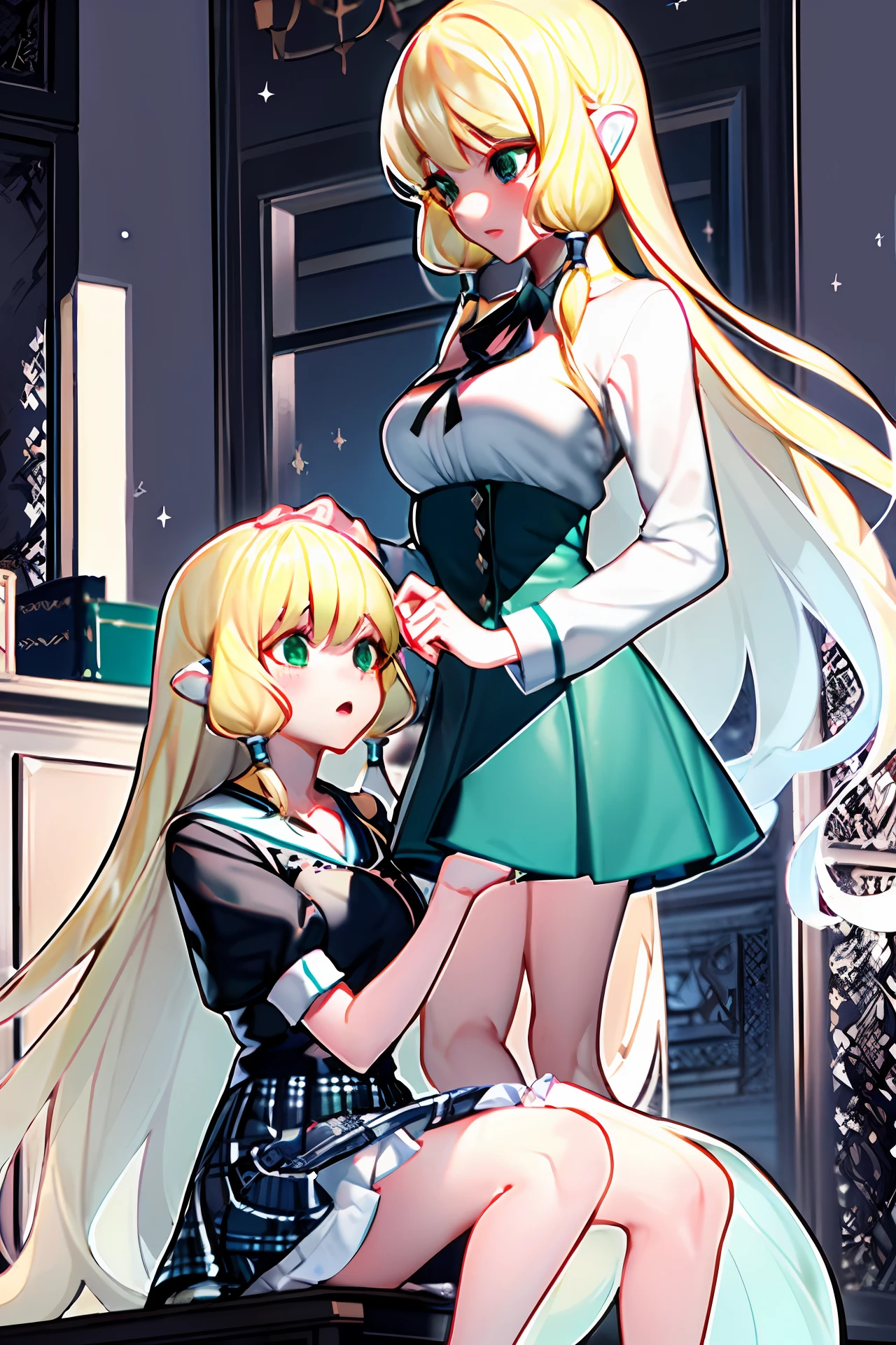 Emerald green eyes，blond hairbl，Monocular，Literary atmosphere，European short skirt school uniform，The facial features are delicate and elegant