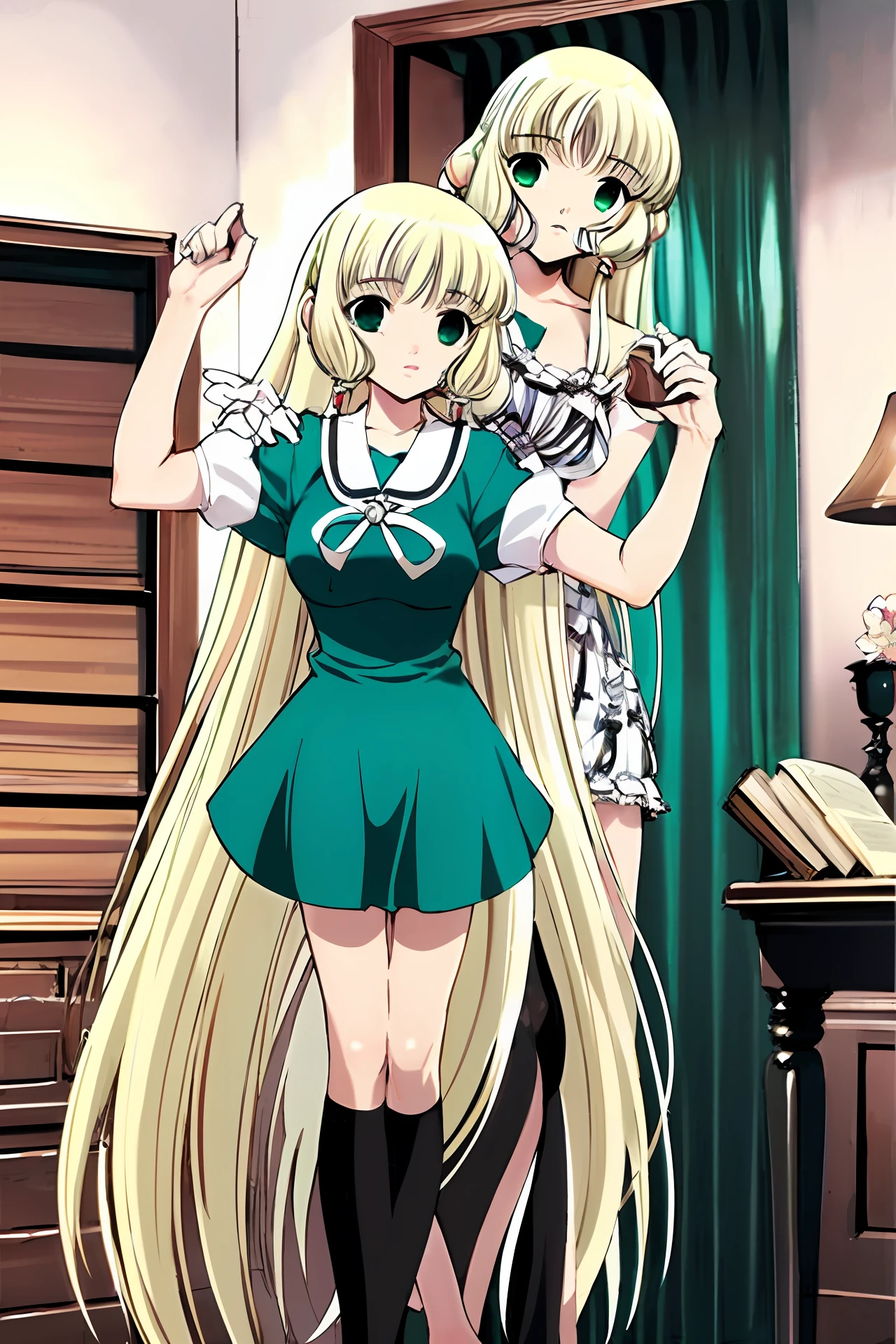 Emerald green eyes,blond hairbl,Monocular,Literary atmosphere,European short skirt school uniform,The facial features are delicate and elegant