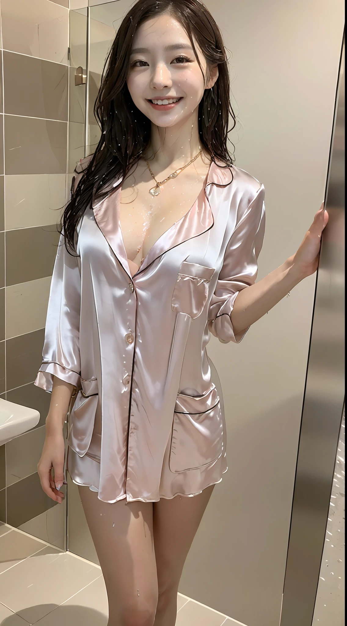 (top-quality、in 8K、32K、​masterpiece、nffsw:1.2)、Photo of one Japan woman、a necklace、((Luxurious bathroom))、((Shower water))、((beauty legs))、Model Figures、Floating Novafrog Style、((Realistic and detailed skin feeling))、((Extraordinary beauty))、((Gently smiling face))、((Drenched whole body))、((Pale pink luxurious silk pajamas))、