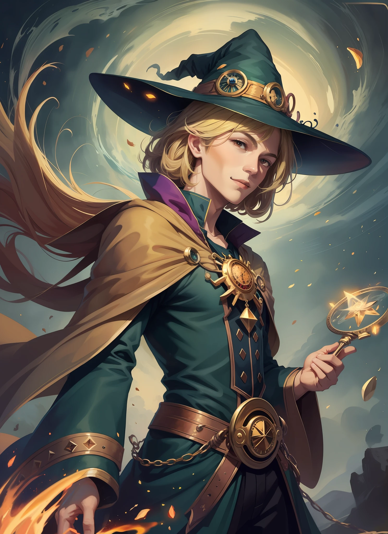 (masterpiece, best quality), stylized digital art, abstract and colorful paint style, 3DMM,
(1man, muscular adult male:1.2), brown eyes, natural blonde hair, fade,
looking down, solo, upper body, detailed background, (ChronomancyAI, chronomancy theme:1.1), light smile, witch hat, witch, magical atmosphere, hair flowing in the wind, green trimmed dark colored clothes, colorful whirlwind of swirling elemental weaves in the air, swirling portal, dark magic, (style-swirlmagic:0.8), floating particles, clouded background, updraft, backlighting,