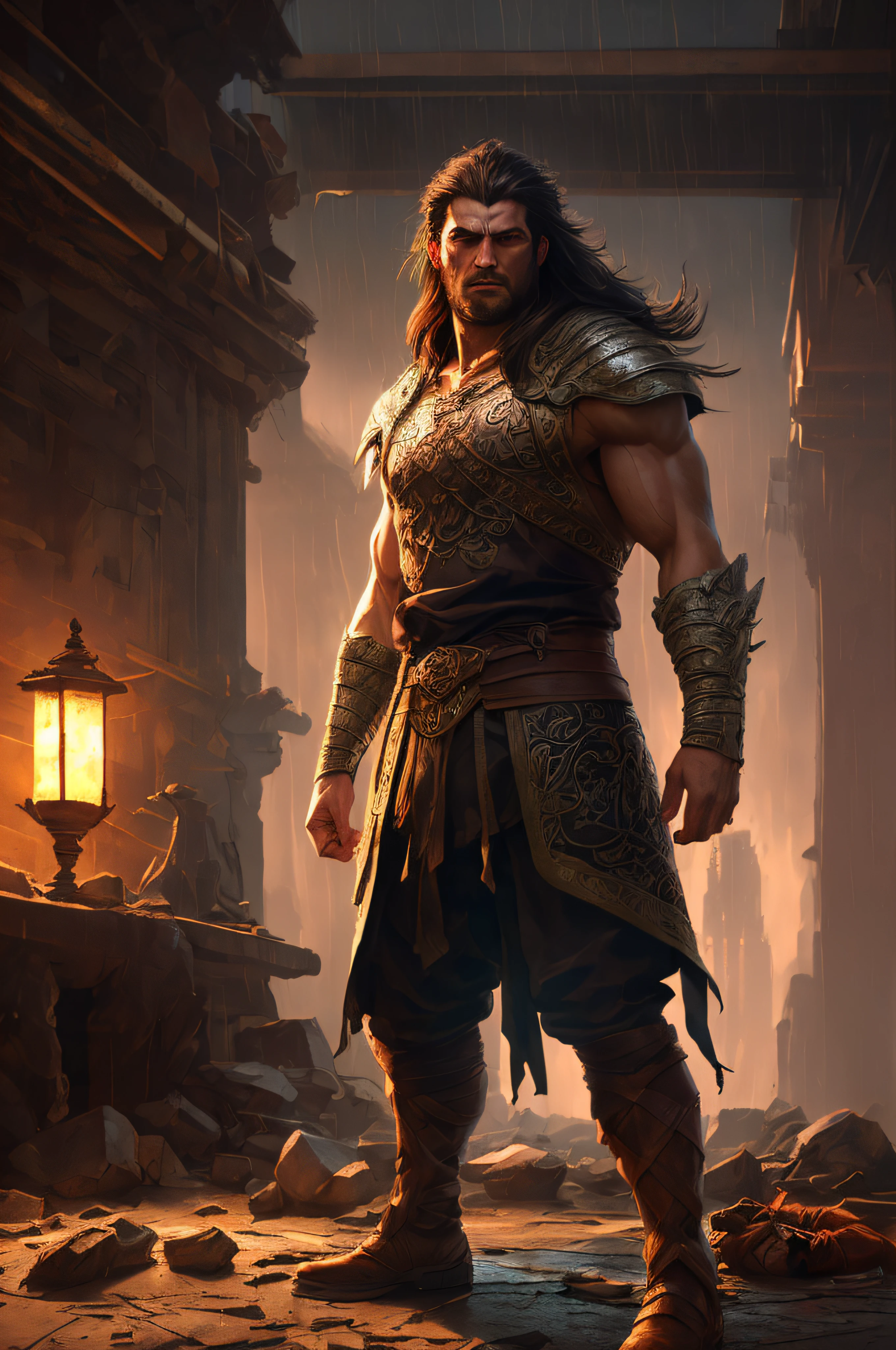 photo of the most beautiful artwork in the world featuring soft lustrous male hero, ((epic heroic fantasy muscular men rugged wet wounded hero angry looking with long hair and long beard and fierce looking in a dynamic posture dying on the floor, fantastic location, majestic cluttered environment)), full body 8k unity render, action shot, skin pores, very dark lighting, heavy shadows, detailed, detailed face, (vibrant, photo realistic, realistic, dramatic, dark, sharp focus, 8k), (weathered damaged old worn leather outfit:1.4), (intricate:1.4), decadent, (highly detailed:1.4), digital painting, octane render, artstation, concept art, smooth, sharp focus, illustration, art by artgerm, (loish:0.23), wlop ilya kuvshinov, and greg rutkowski and alphonse mucha gracias, (global illumination, studio light, volumetric light), heavy rain, particles floating