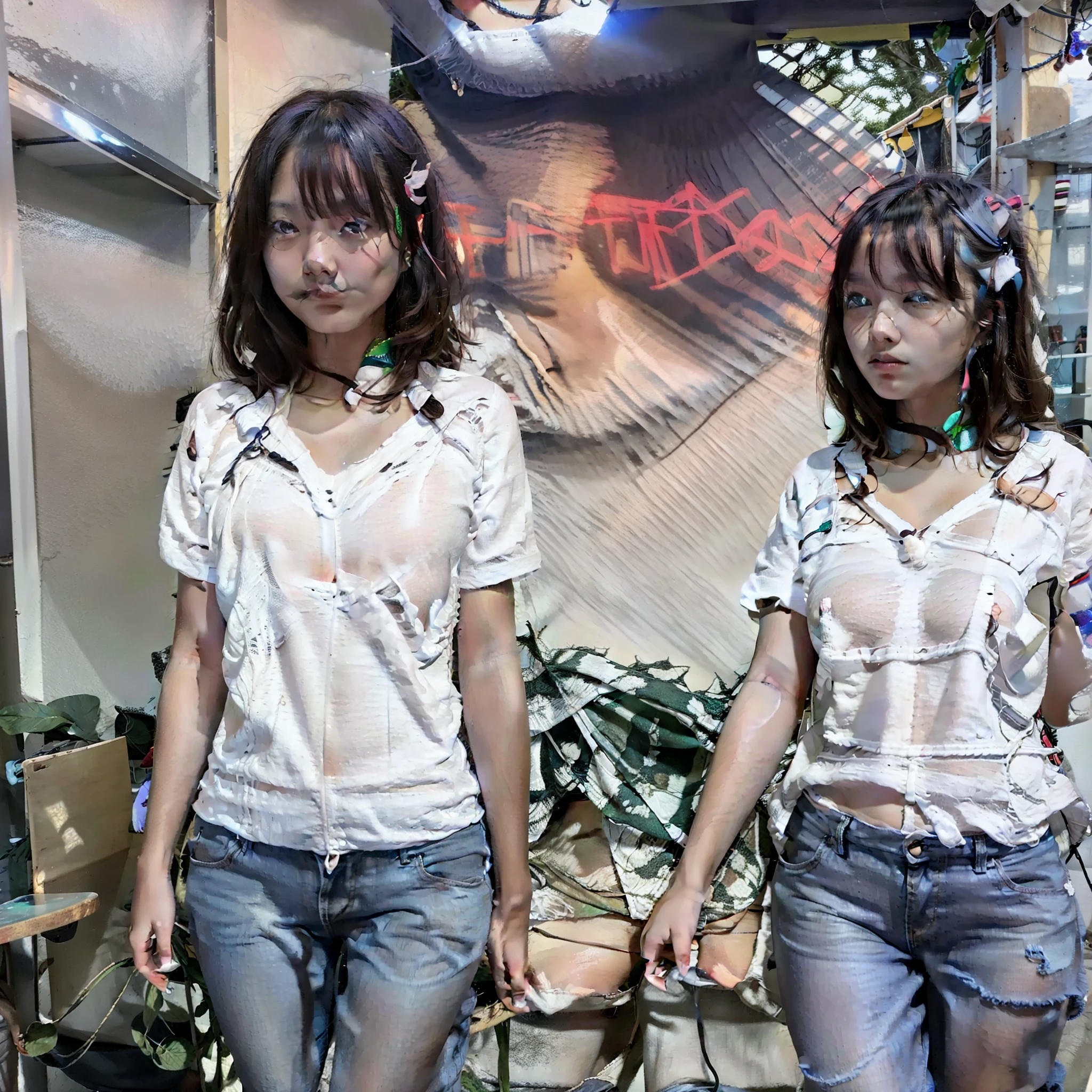Short hair shawl,Woman in T-shirt and jeans,Take a walk on a midsummer night,