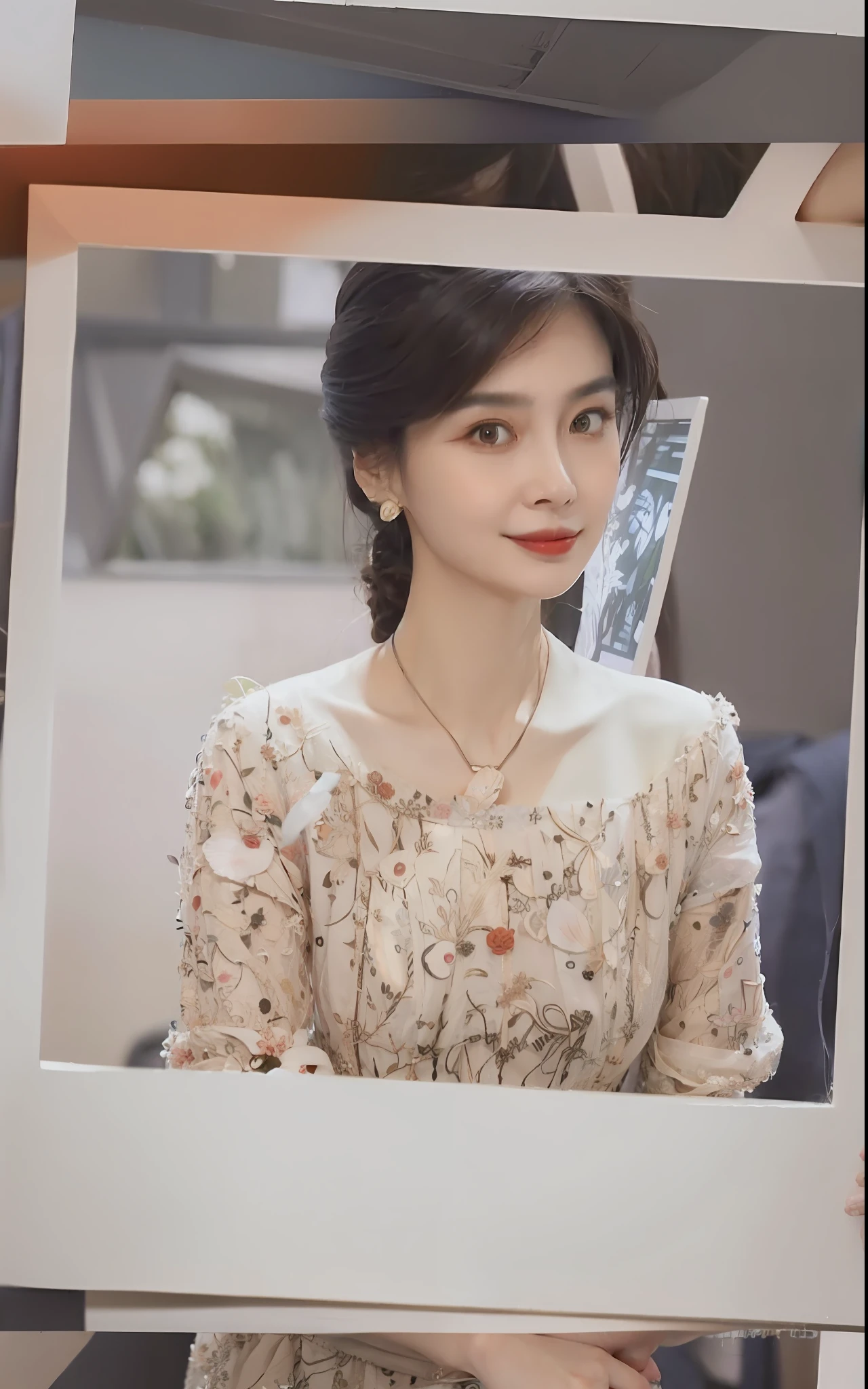 There is a woman holding a picture of herself in a frame, xintong chen, inspired by Ma Yuanyu, ruan jia beautiful!, wenfei ye, Li Zixin, Inspired by Tang Yifen, dilraba dilmurat, inspired by Cheng Jiasui, lei min, Cai Xukun, xue han, xision wu