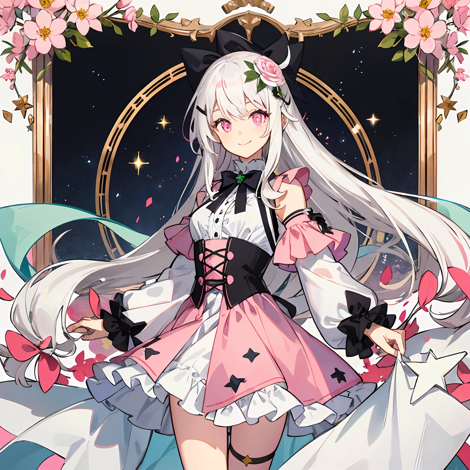 Dark pink hair, Extra-long hair hanging down, bangs, Asymmetrical hair, white hair ornament, Hair Bow, flowers in head,Miss Leprechaun, Star-shaped pupils, Pink eyes,Pink eyes, pupils sparkling, Light smile, Smile,tilts your head, Anime, character sheets, solo person,hyper HD, Super detail, A high resolution,A half body,Bigchest