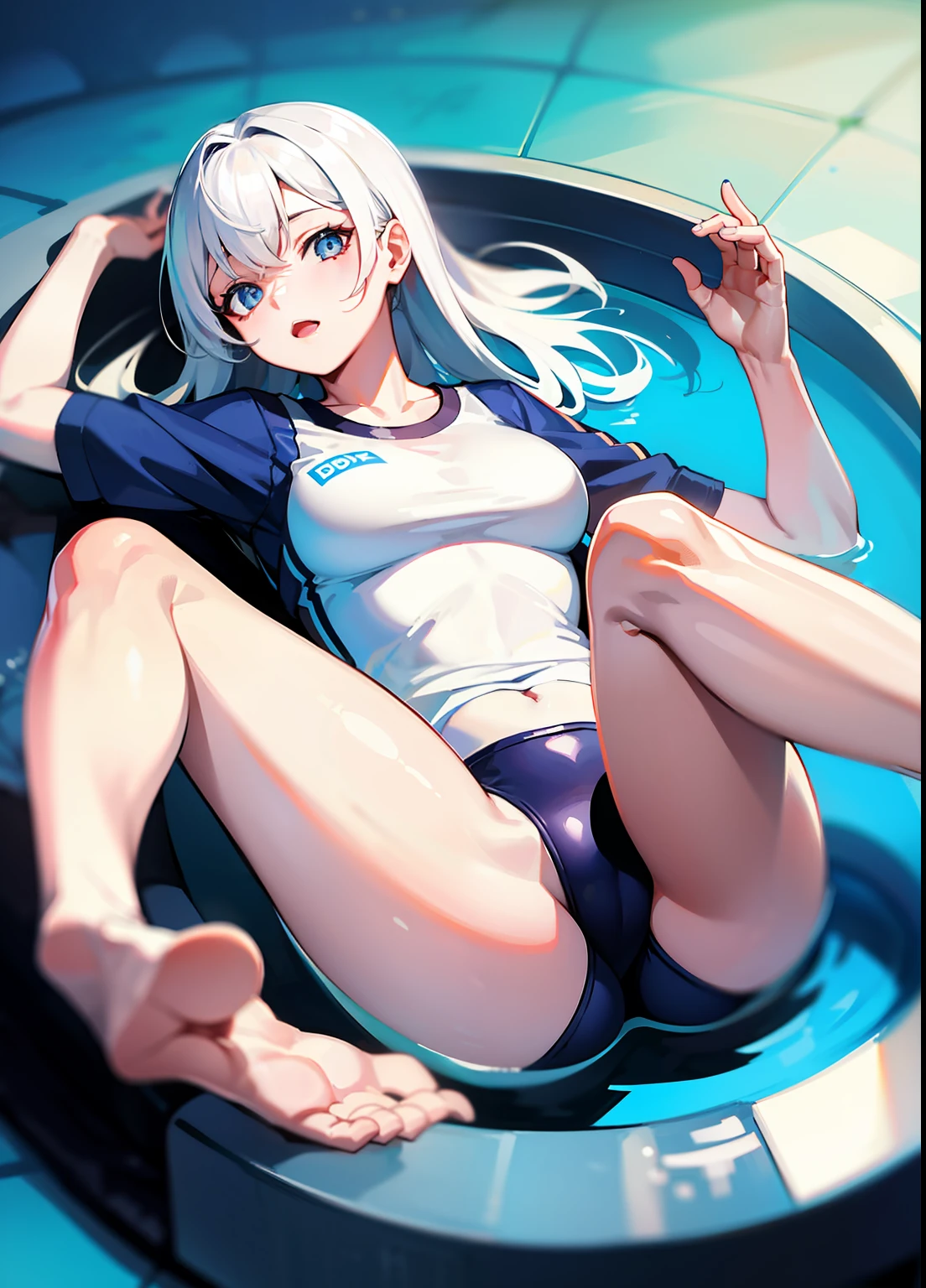 Ultra high quality，超高分辨率，1girll，white color hair，swimming uniform，Mature woman，The bust circumference is moderate，legs are open，Lying down position