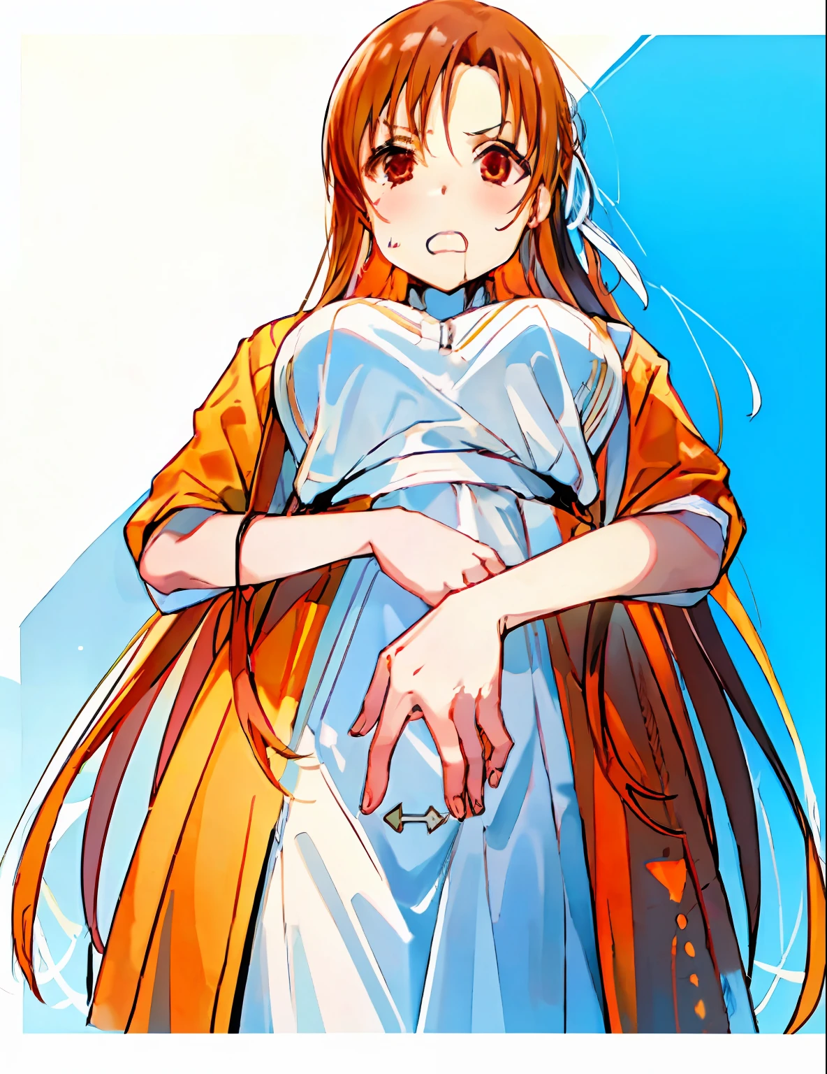 A woman in a dress with long hair, Asuna，Yuki Asuna，Orange hair，Pale yellow clothes