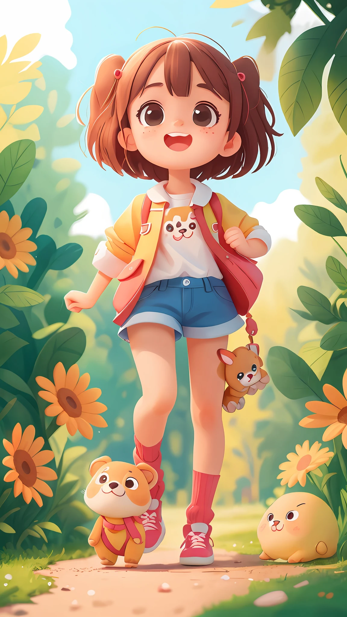 1 cute girl，Leading the cute puppy，parks，Bright sunny days，（tmasterpiece：1.2） （realisticlying：1.2） （Bokeh） （best qualtiy） （detailedskin：1.3） （complexdetails） （8K） （detailedeyes） （Sharp focus）,（having fun）