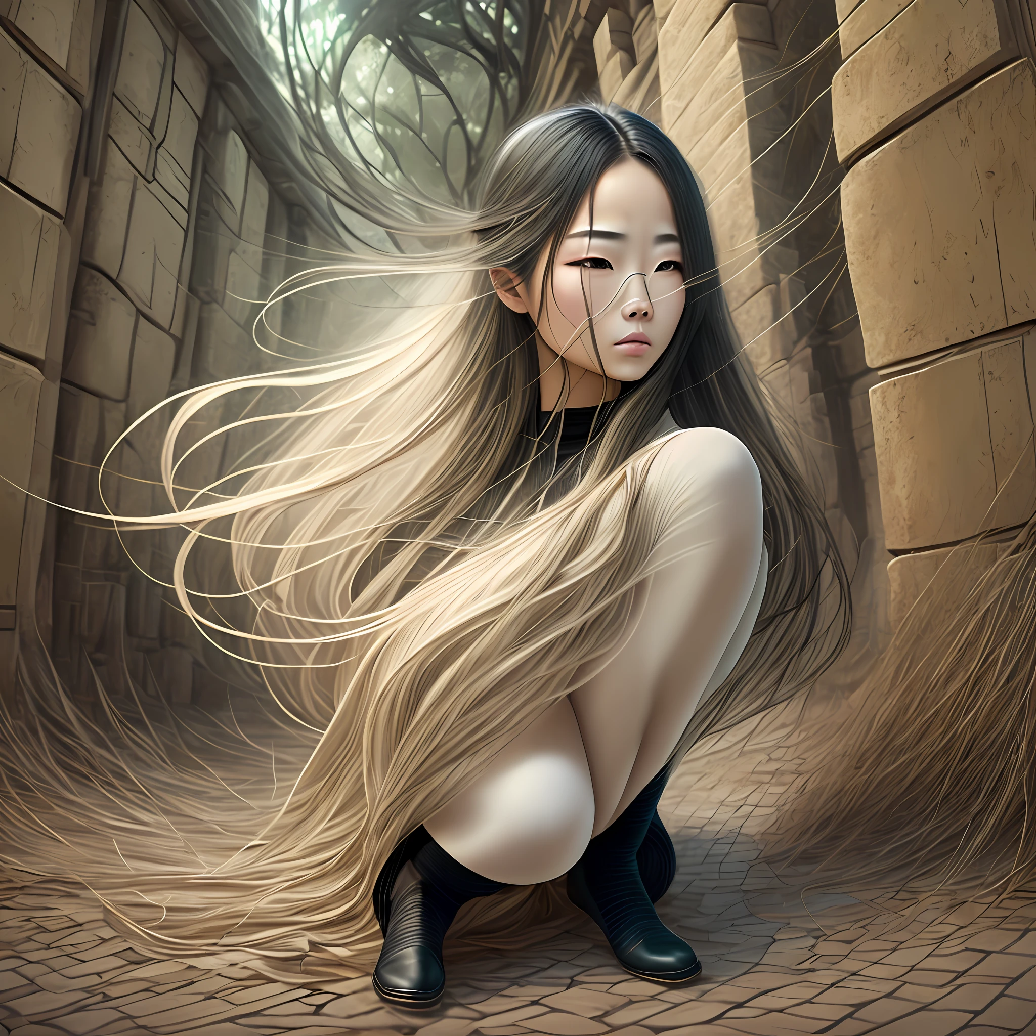 ancient wind，woman，long whitr hair，Quiet，squating，black pantyhoses