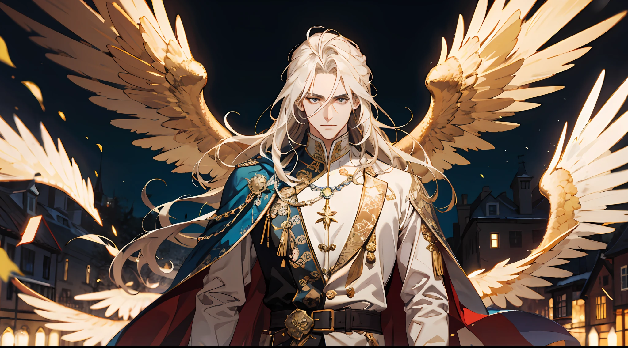 (absurderes,A high resolution),(1 male),Middle-aged,(Golden hair),(long whitr hair),(Dress in blue and white),Golden decoration,(large tall),Wings,Background medieval town,borgar,Powerful,Majestic,Intense luster,Dress in white and gold,Beautifully dressed,Golden streamer,magia,