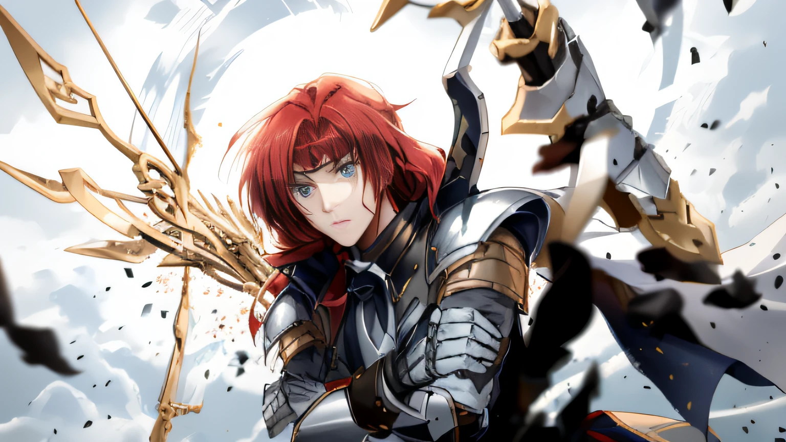 A red-haired man in gray armor stared viciously ahead,He has a bow on his back,A wisp of arrow,Black fabric,White armor,White gauntlet,