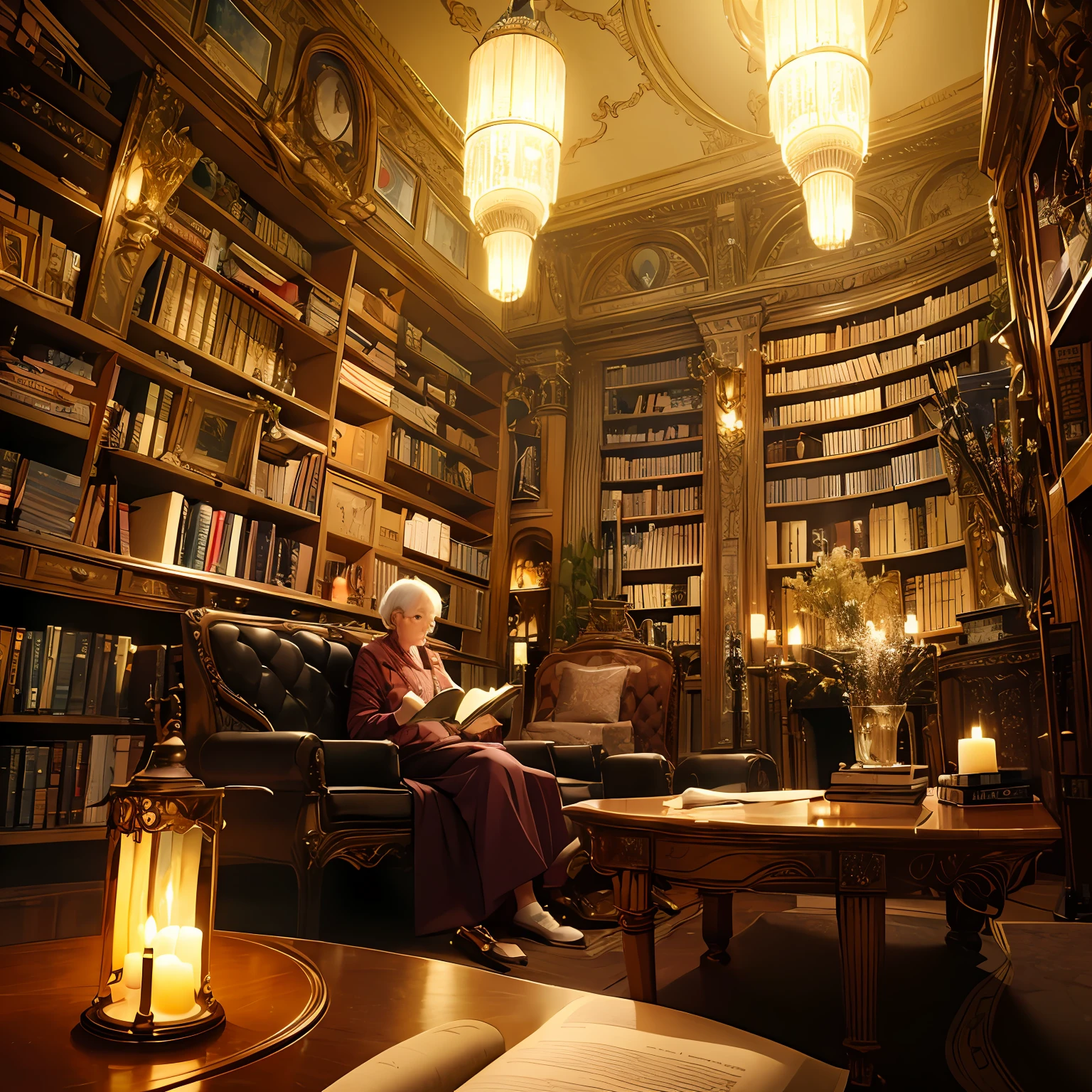 Best quality ultra-detailed CG unity 8k wallpaper of an elderly woman book reader lost in a fantastical world filled with magic and mystery, surrounded by books and flickering candlelight, with a cozy and inviting atmosphere and a hint of adventure in the air. --auto