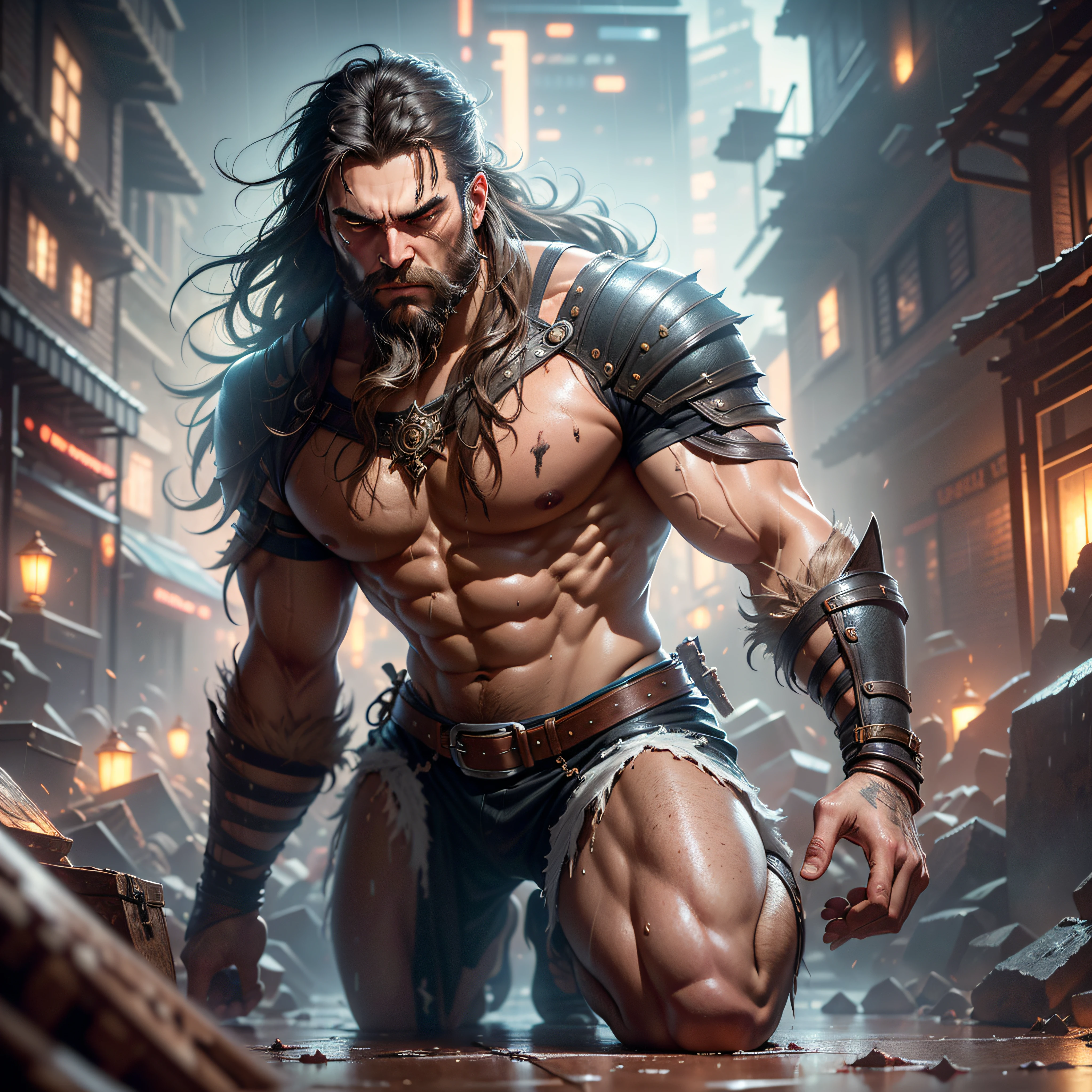 photo of the most beautiful artwork in the world featuring soft lustrous male hero, ((epic heroic fantasy muscular men rugged wet wounded hero angry looking with long hair and long beard and fierce looking in a dynamic posture dying on the floor, fantastic location, majestic cluttered environment)), full body 8k unity render, action shot, skin pores, very dark lighting, heavy shadows, detailed, detailed face, (vibrant, photo realistic, realistic, dramatic, dark, sharp focus, 8k), (weathered damaged old worn leather outfit:1.4), (intricate:1.4), decadent, (highly detailed:1.4), digital painting, octane render, artstation, concept art, smooth, sharp focus, illustration, art by artgerm, (loish:0.23), wlop ilya kuvshinov, and greg rutkowski and alphonse mucha gracias, (global illumination, studio light, volumetric light), heavy rain, particles floating