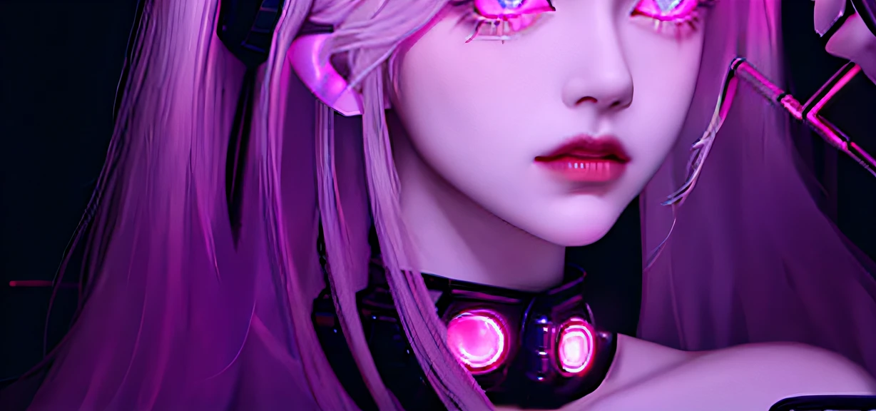 cyber punk perssonage, Neon lighting, Rainy all night special effects, Semi-mechanized girl, White hair, Pink light eyes, A titanium upper body that reproduces human skin, With a sad look, upperbody closeup.