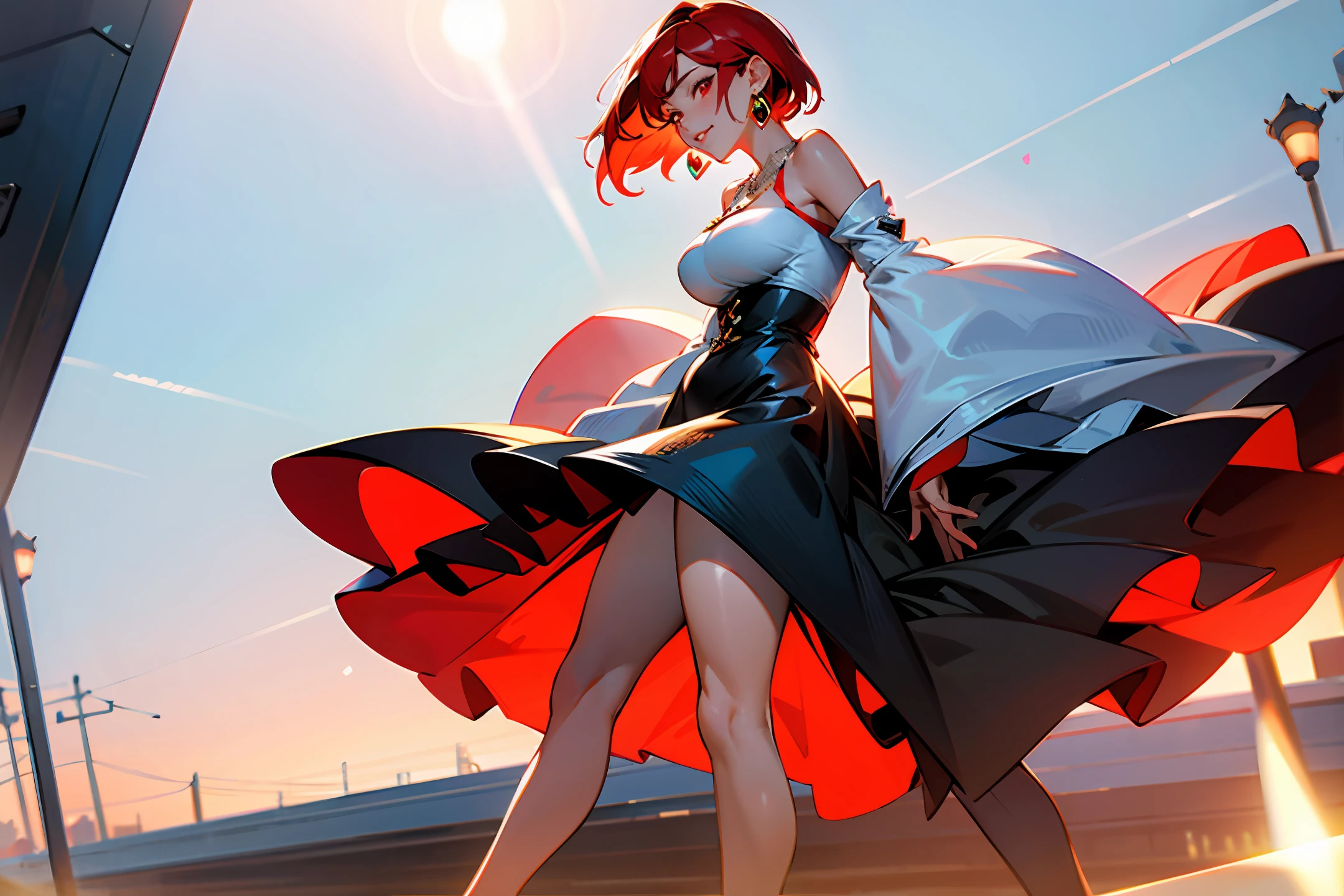 a girl is standing in a park at night with the clear sky in the background. Park Bench and soft light, back photo, (photography from side), looking back to the viewer, (masterpiece), ((ultra-detailed)), (highly detailed), (expressionless), (best quality:1.2), 8K, HDR, highres, absurdres:1.2, Perspective object, blurry background, bokeh:1.1, lens flare, (vibrant color:1.2), High-quality texture, detailed texture, High-quality lighting and shadow, a face of perfect proportion, full body, mature busty body, detailed skin texture, vibrant pale and lustrous skin, naturally saggy breasts, huge big breast:1.5, high waist, narrow waist:1.3, wide hip, full buttocks, detailed beautiful face, (pureerosface_v1:1.3) (ulzzang-6500:0.4) detailed beautiful eyes, symmetric eyes, perfect eyes, seductive eyes, beautiful nose, high nose, light blush, detailed lips, earrings, hoop earrings, necklace, jewelry, sapphire heart necklace, silver strappy high-heeled sandals, seductive expression, smile, perfect hands, detailed beautiful fingers, detailed beautiful legs, realistic hair, detailed hair, (Silver Dress,), nishikigi chisato, short hair, blonde hair, (red eyes:1.5), hair ribbon, bob cut, red hair ribbon,)