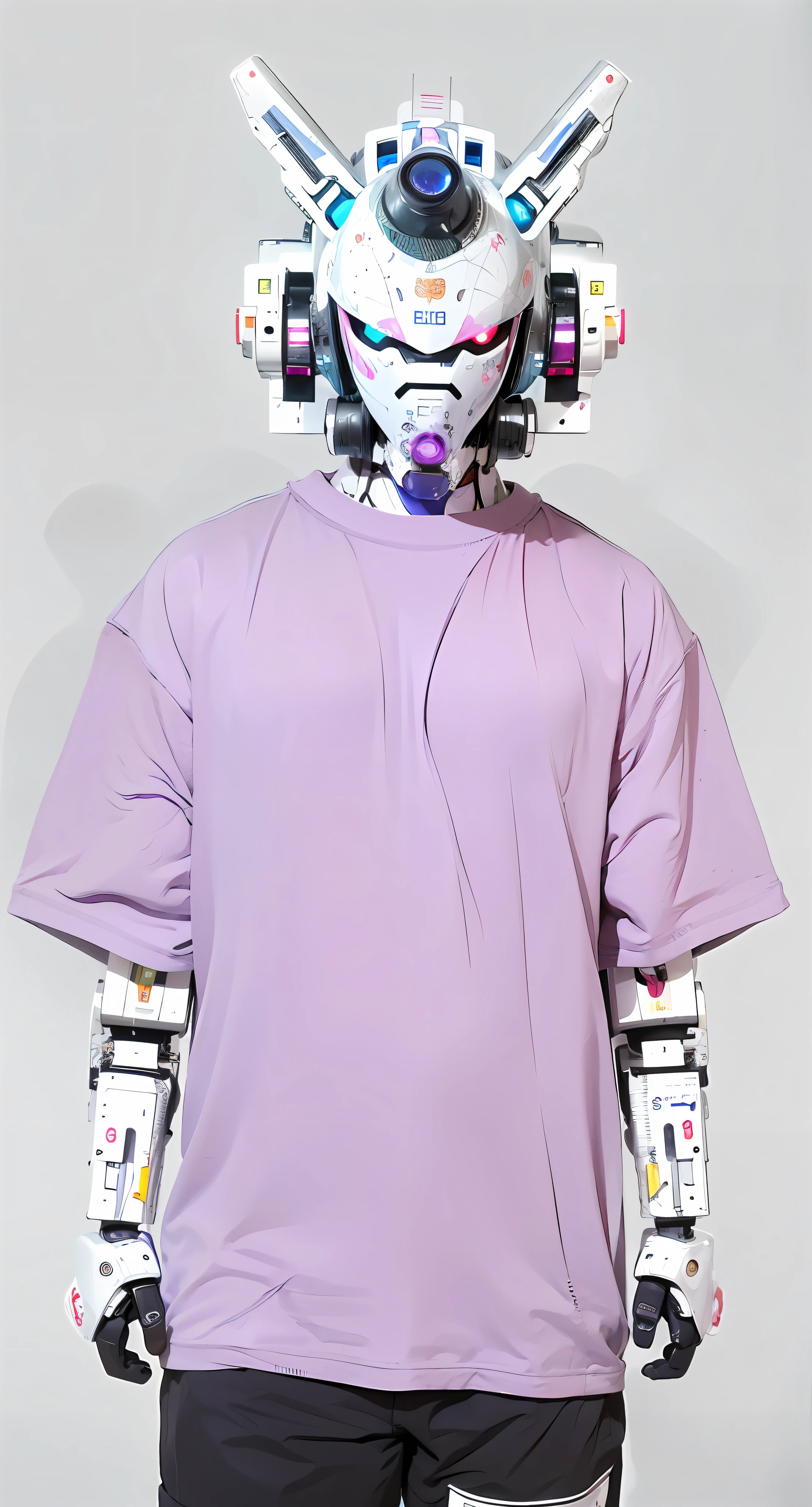 arafed man wearing a purple shirt and a white robot mask, anime robotic mixed with organic, portrait of a robot, portrait of a teen robot, portrait of a futuristic robot, symmetry!! portrait of cyborg, cyborg fashion model, portrait of a mech, sci - fi character, portrait of a cyberpunk machine, fashionable cyberpunk mechanoid