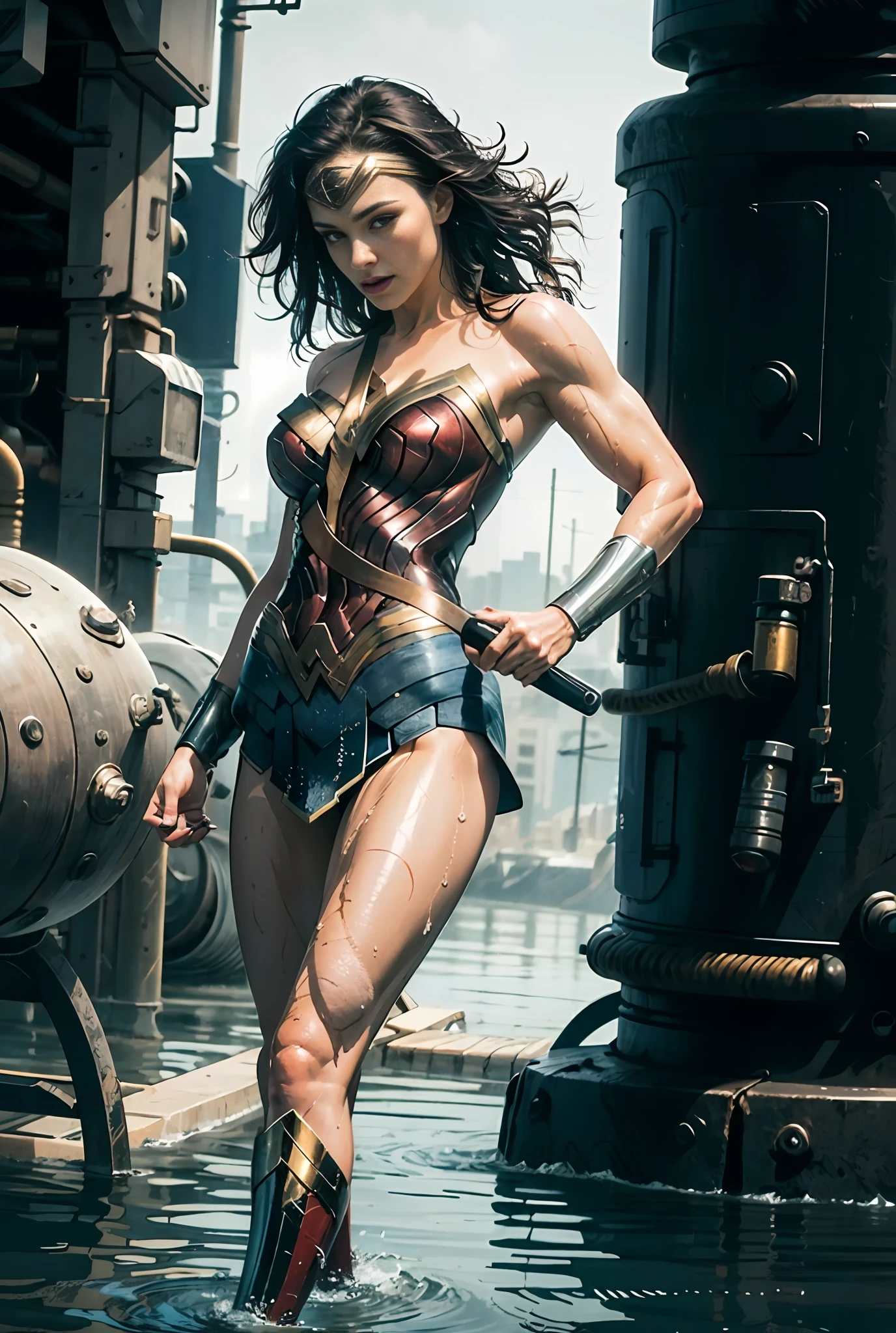(Masterpiece, Top Quality),1girl ,{{Depth of field}}, Hyper detail, 1woman, (Victoria's Secret Model Wonder Woman), Single, Full Body, (Intricate Details, Makeup), (Delicate and beautiful delicate face, delicate and beautiful delicate eyes, face with perfect proportions), High-detail skin, delicate skin, Best proportions Four fingers and one thumb, strong and realistic blue eyes, realistic black hair, lips, makeup, natural skin texture, tiara, leotard, bulletproof cuffs, red boots, (public clothing:1.3), slightly sunburned, mature, sexy, elastic muscles, (muscles:1.3), ((strong and healthy body)), (((more) muscles))), wet body, wet hair, wet face, long legs, curved, thick thighs, wide buttocks, thin legs, (big breasts: 1.2), thin waist, soft waist, (delicate skin), (wet body: 1.0), (beautiful and sexy woman), (swollen lips: 0.9), (eyelashes: 1.2), very delicate muscle definition, bare handed, hold nothing on hand, LED panel lights arranged in a square shape to mimic existing interior fixtures, a flooded basement controlled by a local gang armed with hacked police weapons such as machine guns and taser shotguns, ((top quality)), ((masterpiece)), ((realistic)), (detailed), cinematic lighting, complex, high detail, sharp focus,