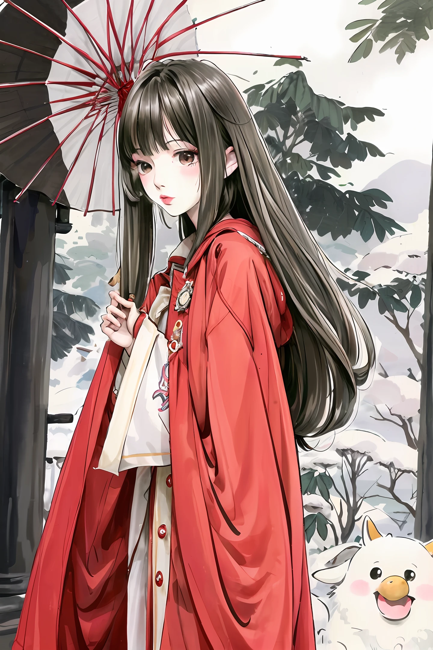 oil-paper umbrella,long whitr hair,Redcoat