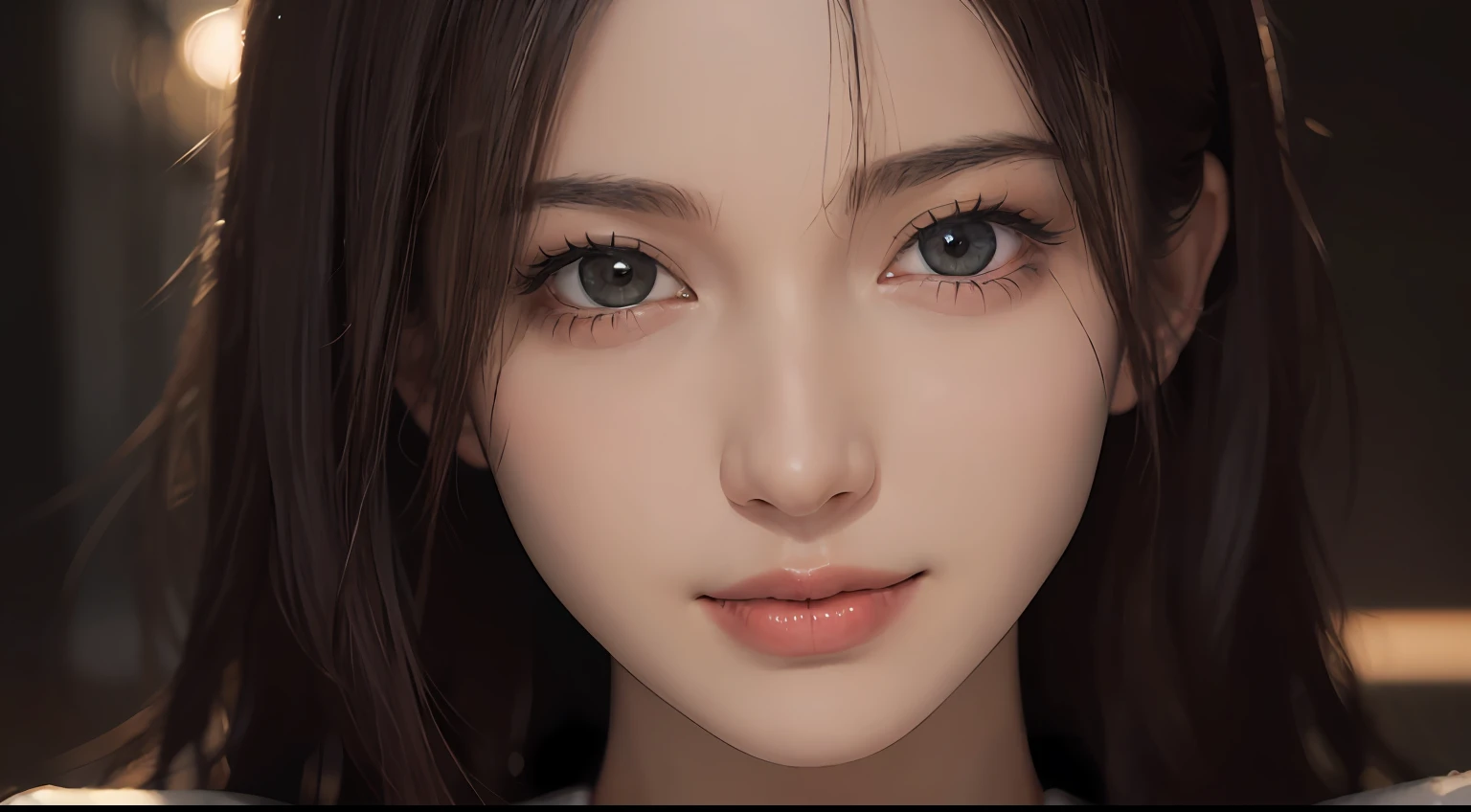 (Ultra Realistic), (Illustration), (High Resolution), (8K), (Very Detailed), (Best Illustration), (Beautiful and Detailed Eyes), (Best Quality), (Ultra Detailed), (Masterpiece), (Wallpaper), (Detailed Face), Solo, One Girl, Viewer, Fine Detail, Detailed Face, In the Dark, Deep Shadows, Low Key, pureerosfaceace_v1, Smile, Long Hair, Black shawl straight hair, 46-point diagonal bangs, full body, legs crossed