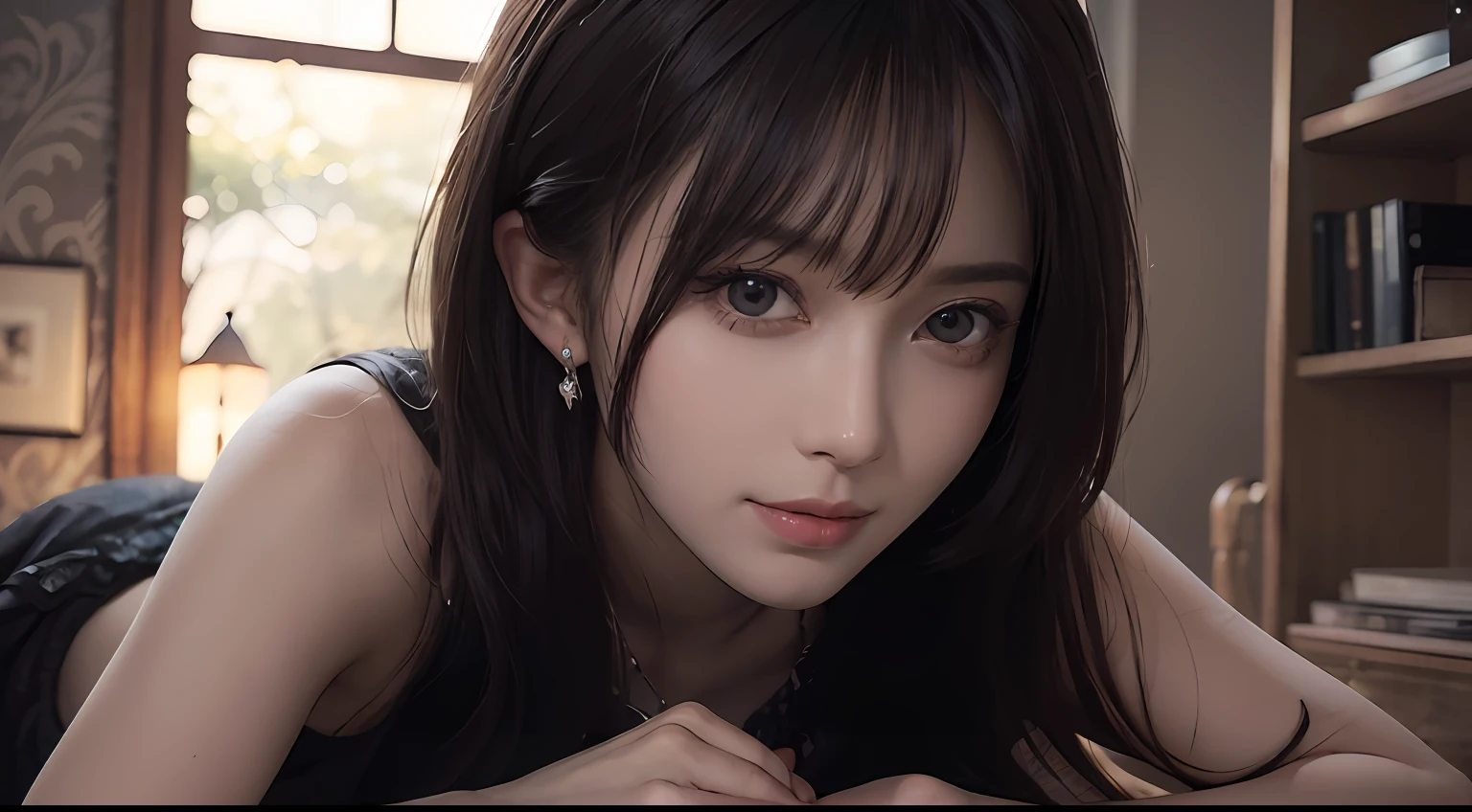 (Ultra Realistic), (Illustration), (High Resolution), (8K), (Very Detailed), (Best Illustration), (Beautiful and Detailed Eyes), (Best Quality), (Ultra Detailed), (Masterpiece), (Wallpaper), (Detailed Face), Solo, One Girl, Viewer, Fine Detail, Detailed Face, In the Dark, Deep Shadows, Low Key, pureerosfaceace_v1, Smile, Long Hair, Black shawl straight hair, 46-point diagonal bangs, full body, legs crossed