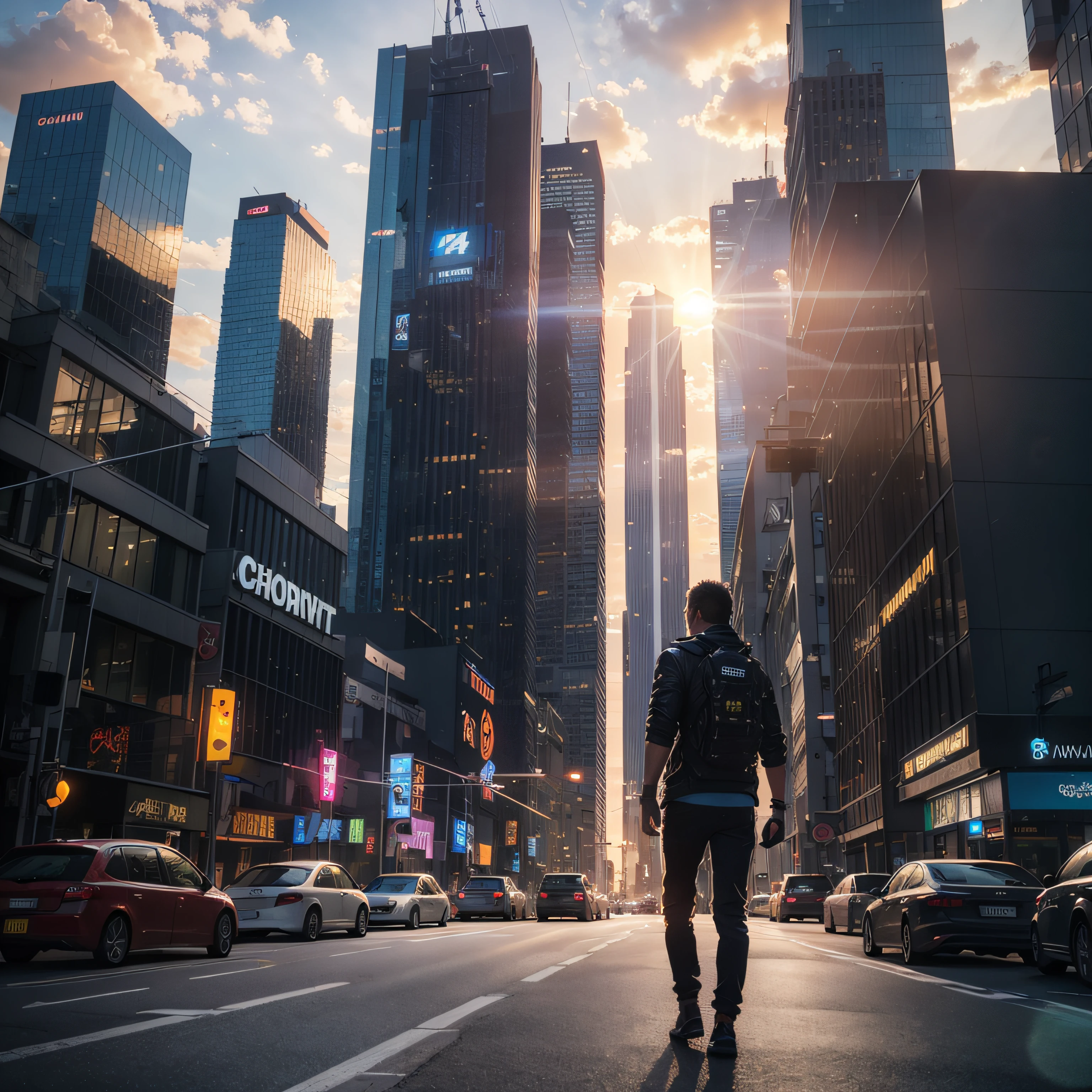 there is a man in a futuristic city with a camera, 8 k 3 d --auto