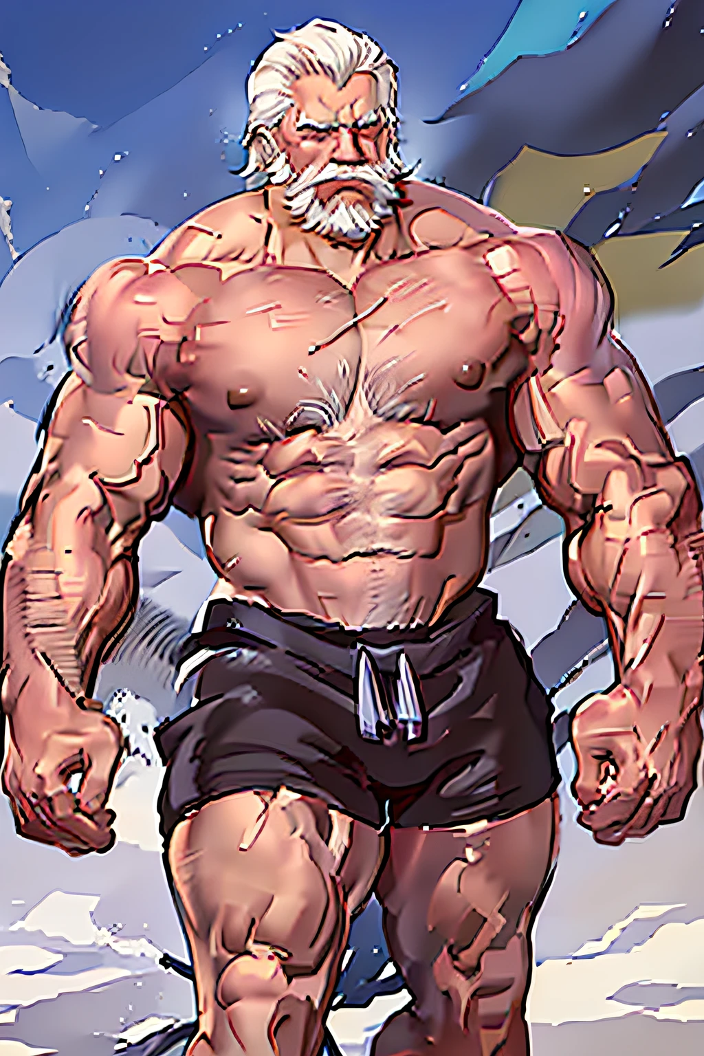 Cartoon close-up of a man with a beard and a beardless face, muscular character, Super buff and cool, muscular bernie sanders, portrait of hide the pain harold, muscular male hero, gigachad muscular, Muscular!!, buff man, hide the pain harold, muscular features, as a titan, Muscular!, very buff, muscular werewolf, musculous