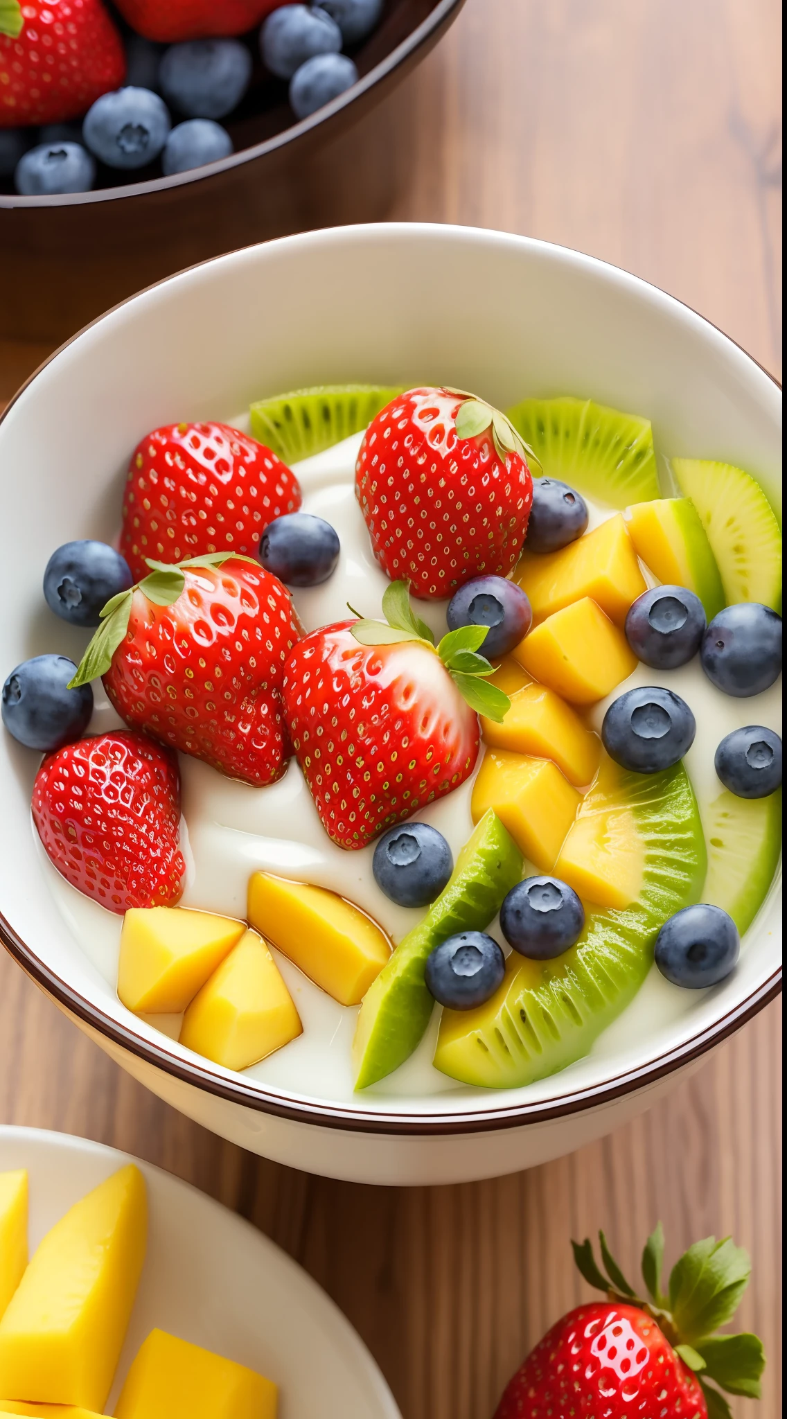 tmasterpiece, Top Quality, Experience, Chic, Boho-chic, a gold, utensil, kettle, a cup, plate, crystals floral print, 2 tablespoons chia seeds 1 cup milk (can be cow's milk, vegetable milk or yogurt) 1 tablespoon honey or other sweetener of your choice 1 teaspoon vanilla extract (optional) Chopped fresh fruits (For example, strawberries, kiwi, mango, blueberries, etc.) for topping --auto --s2