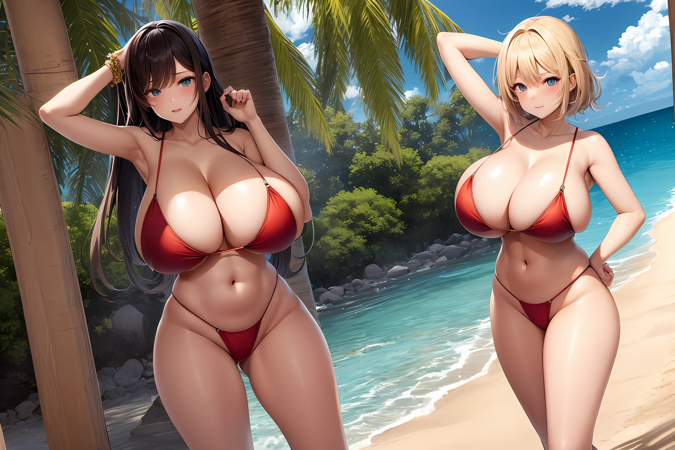 anime big breast，huge tit，swim wears，比基尼，sandbeach，The right nipple is exposed，golden hair，blue color eyes，Red nails，jade foot，big cuvy hips，