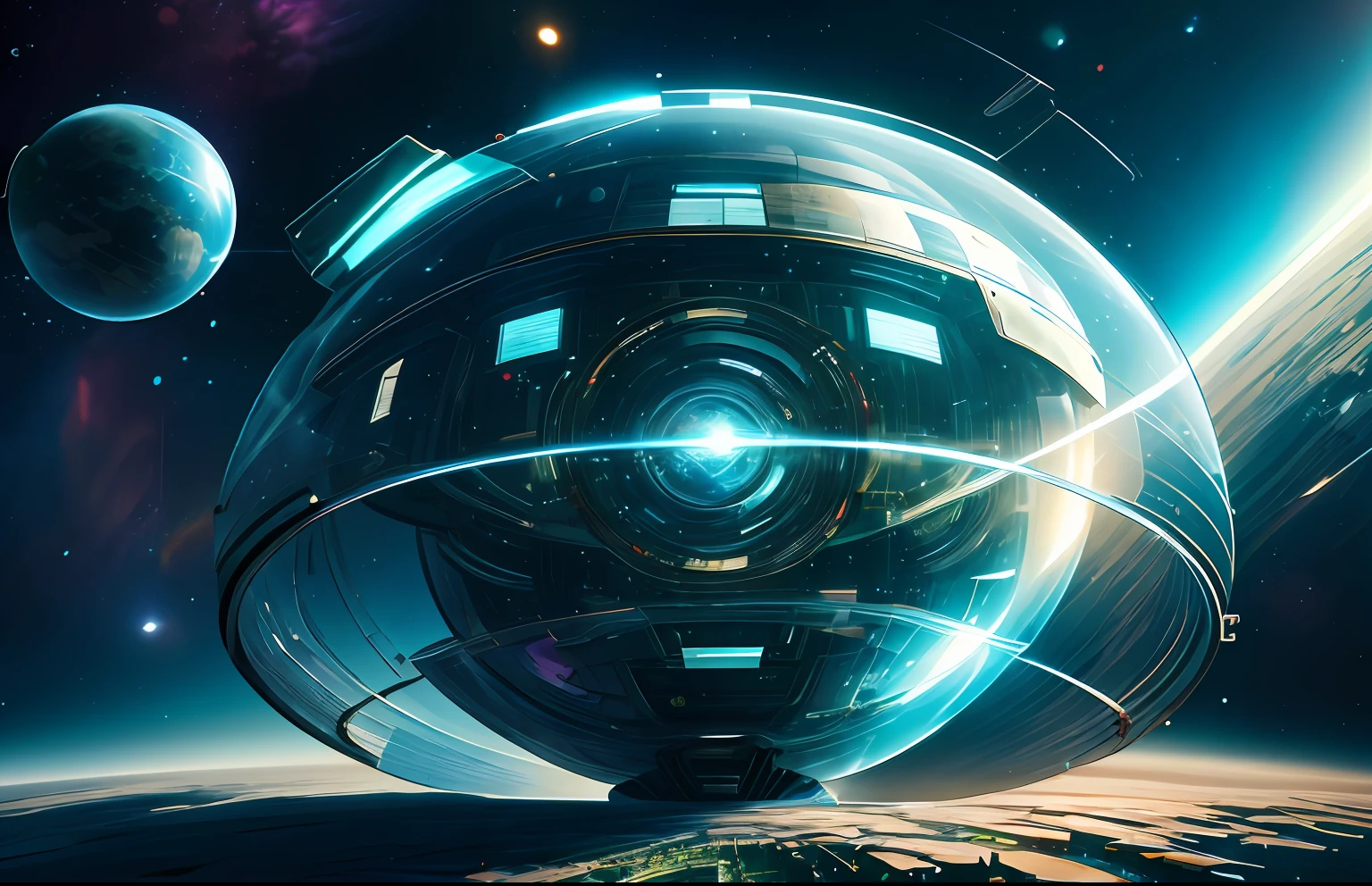 Spherical projection screen, Unreal background,There is a futuristic robot in the picture,Technology and futurism,greenish tinge,3Drenderingof,the space