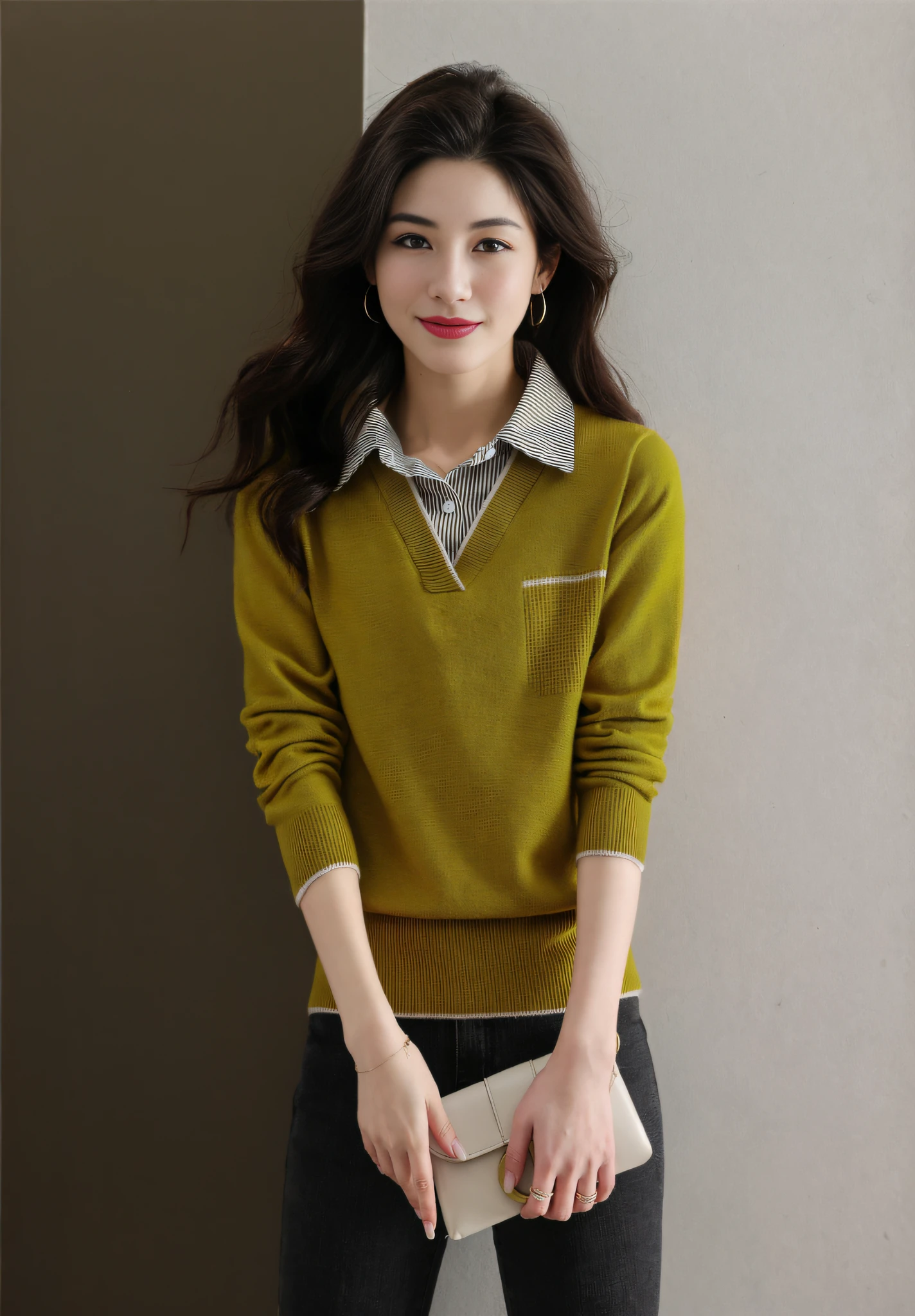 8K，Thirty Years Female，temperament，Korean model，Fine fine skin，highly  detailed，Digital photography，surrealism painting，big breasts beautiful（tmasterpiece，Sideslit，Fine beautiful eyes：1.2），prette，high qulity，Original Drawing，Realistic details of skin，cabelos preto e longos，Natural light and shadow，sharp fokus，Ultra-fine face，photo-realistic，standing on your feet，High details，cinmatic lighting，hyper HD，Anatomical correct，best qualtiy，fashionable attire，Official Product Pictures，product introduction photos，