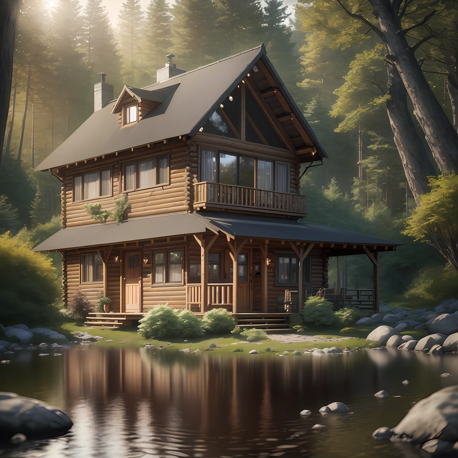 House surrounded by fog,Forest chalet,Ethereal photography,eventide --auto