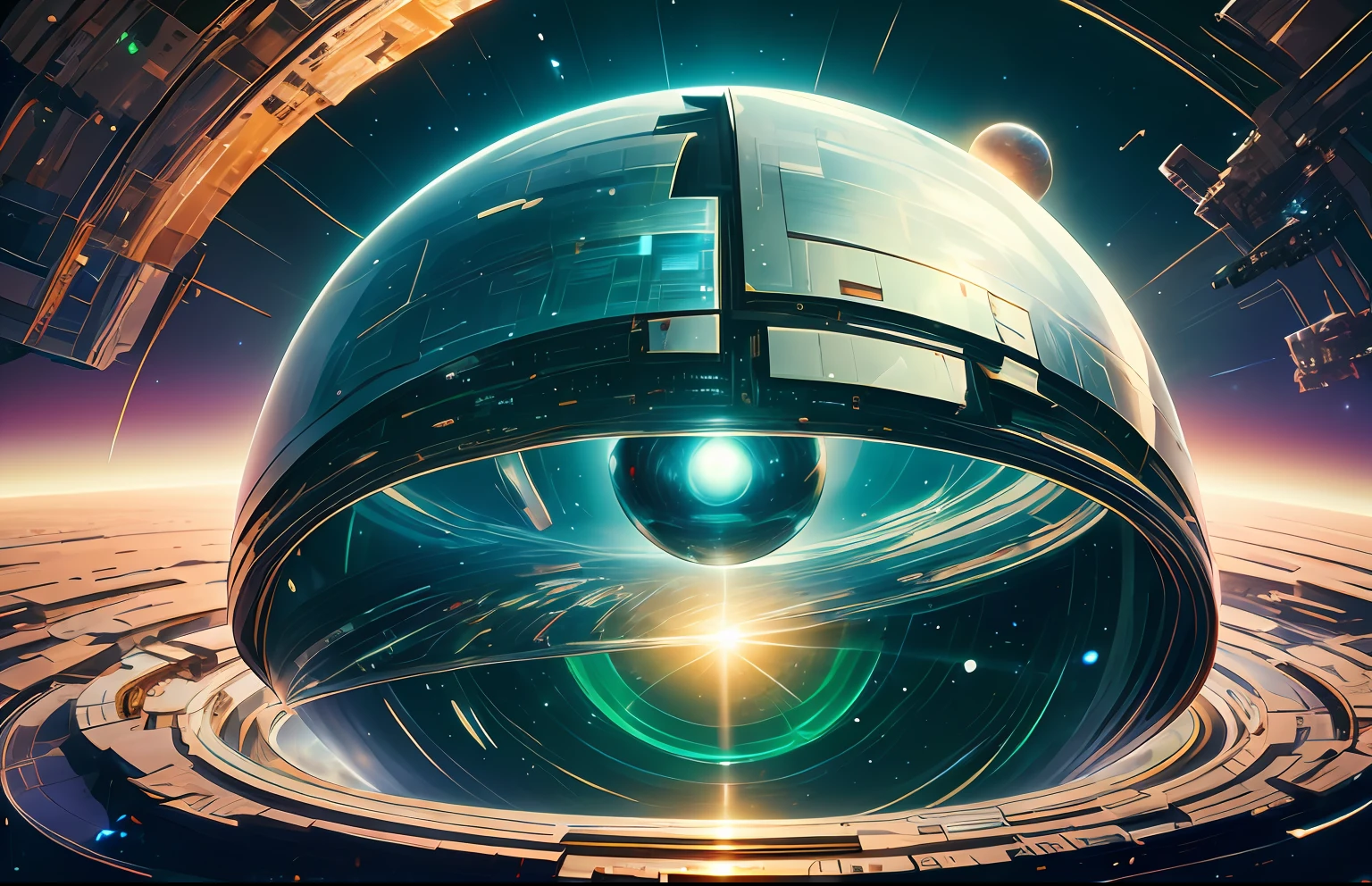 Spherical projection screen, Unreal background，There is a futuristic robot in the picture，Technology and futurism，greenish tinge，3Drenderingof，the space