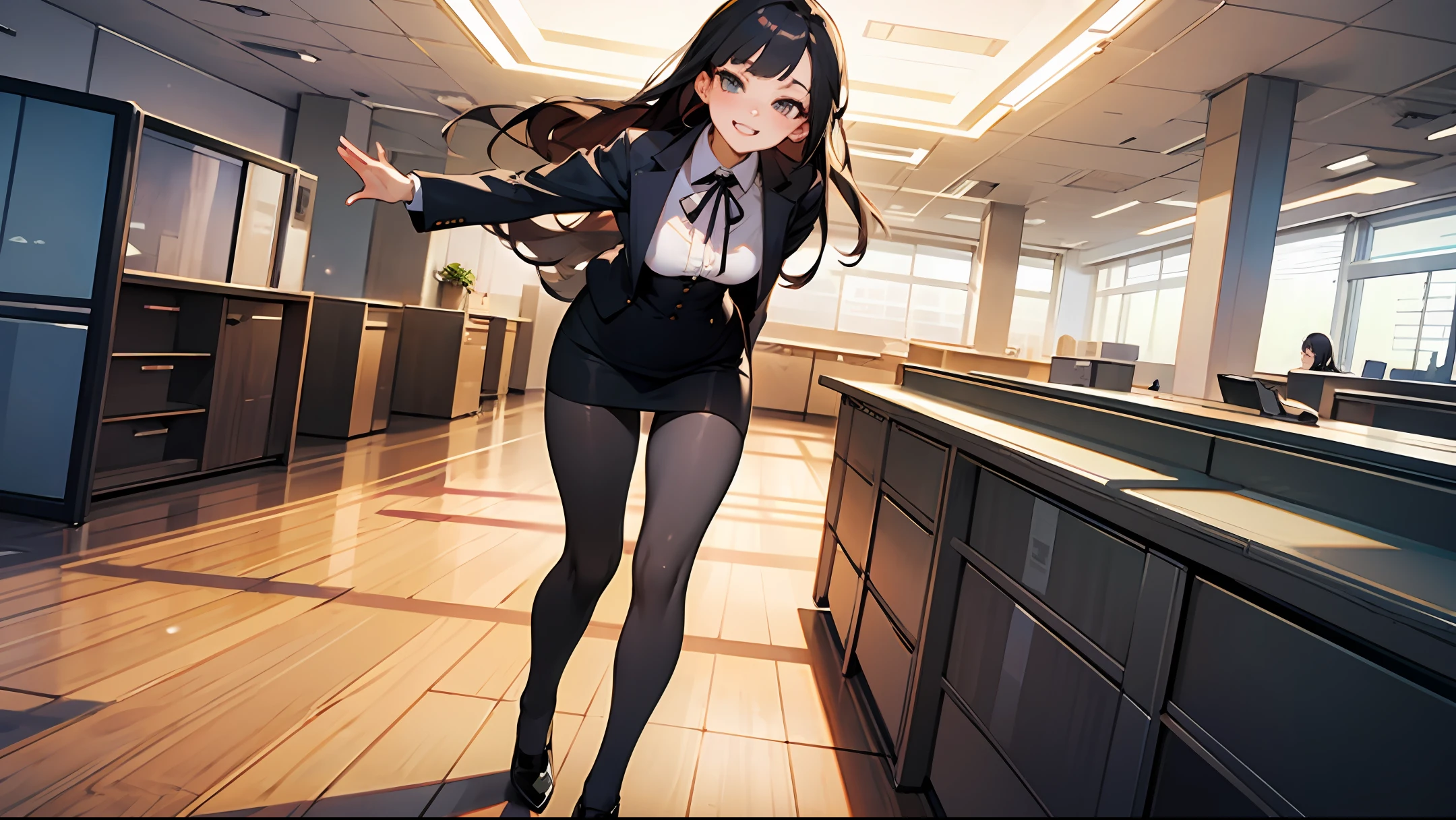 best qualtiy, Full body like,Cinematic shots,Refined face,Sexy face,20yo Woman,ssmile,slimfigure,Smaller bust,office lady uniform,Office wear,white stockings,Stockings,interior scenes,office room,Cocked buttocks