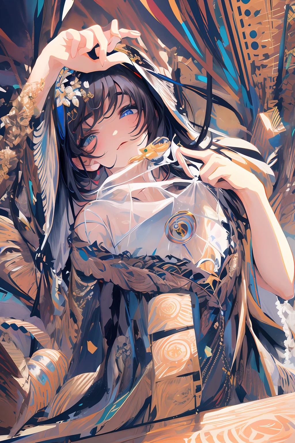 ((Masterpiece, Superb, Super Detailed, High Resolution)), solo, beautiful girl, sparkling eyes, perfect eyes, 15 years old, black and white gold theme,