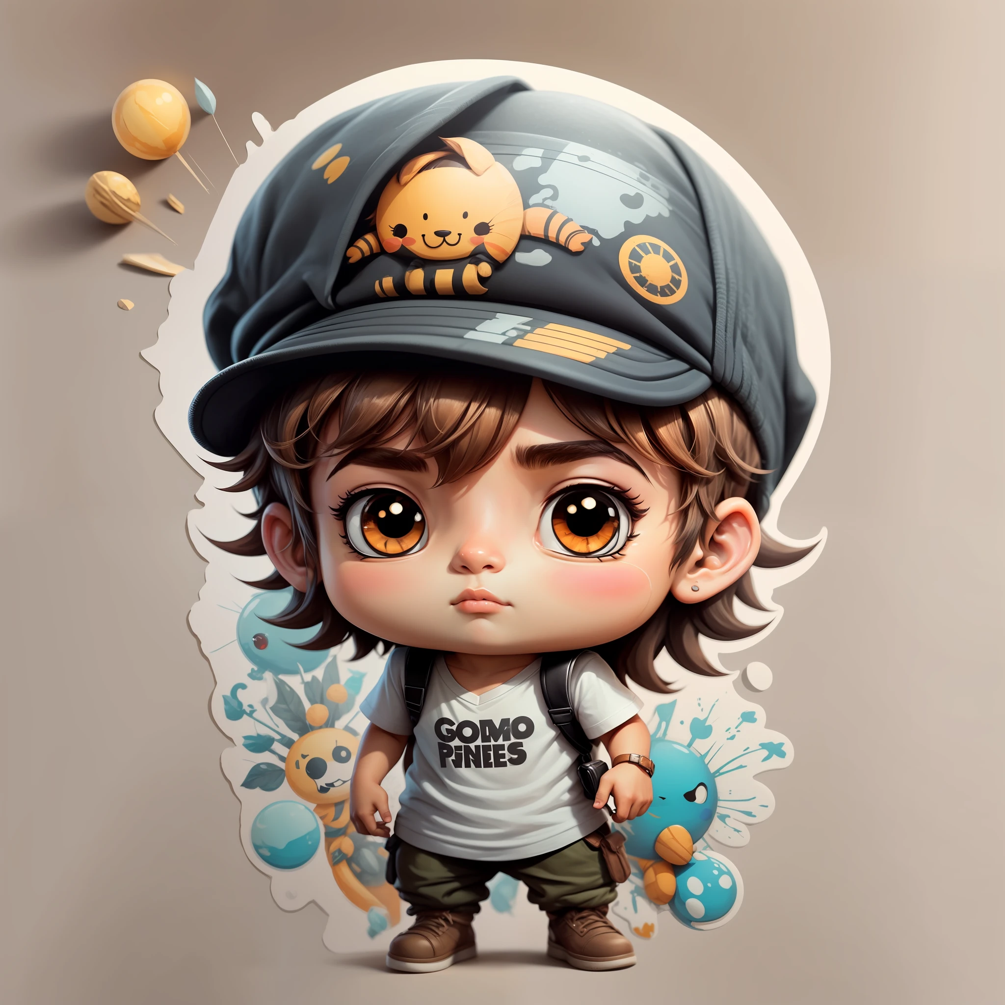 Top Quality, Masterpiece, Kiri Light Mash, Solo, One Boy, full body, Black Eyes,Black Cap, White V-Neck Shirt, (Chibi:0.6), Light Brown Hair, Stickers, Emmoticon, White Background,