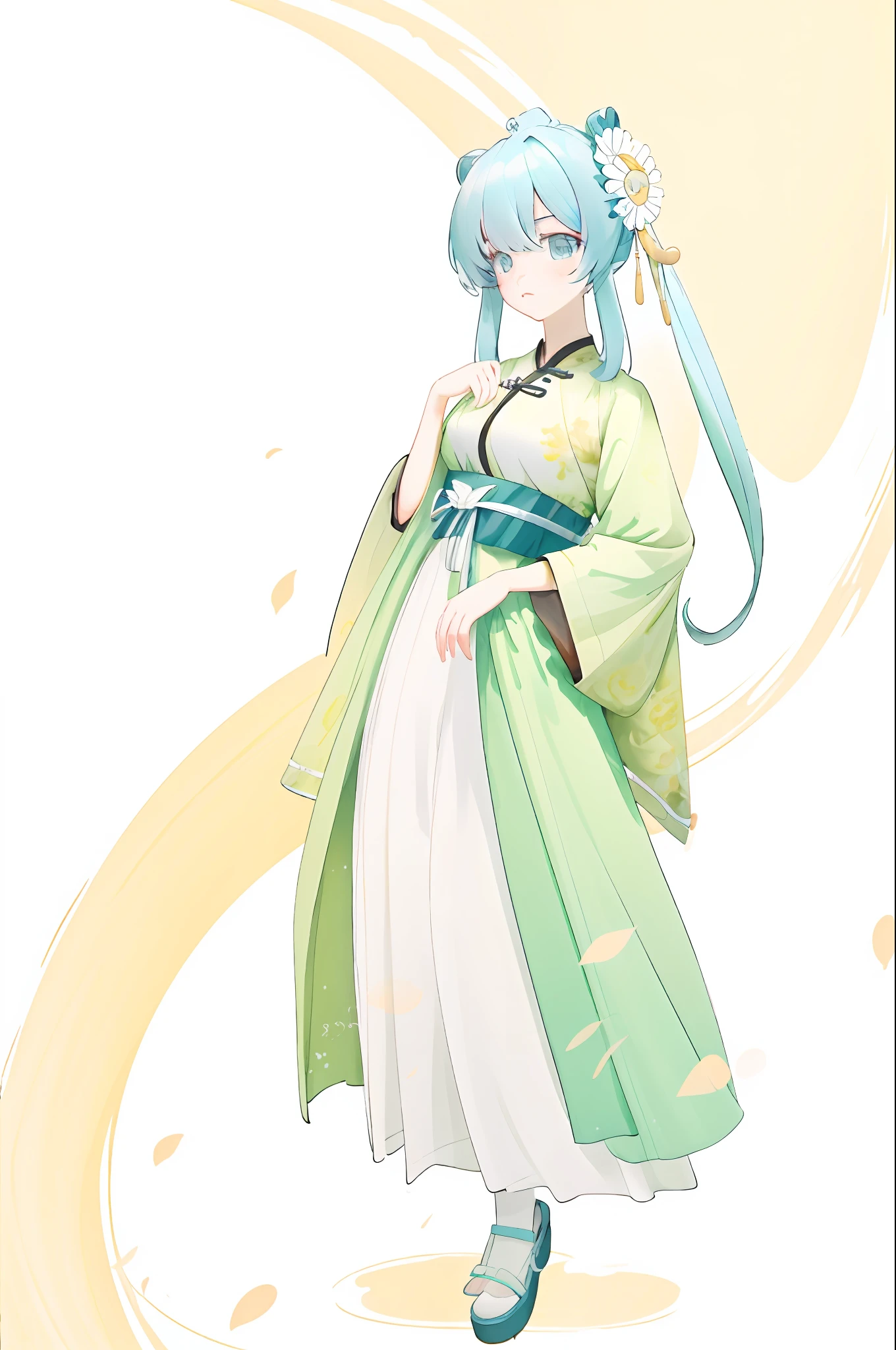 beautiful girl with big watery eyes, full body, delicate shoes, delicate hair, an ancient Chinese beauty, wearing ancient Chinese clothing, flowing tulle, light silk, (chrysanthemums, green meadows, chrysanthemums petals), ink painting style, clean color, decisive cutting, blank, freehand, masterpiece, super detailed, epic composition, high quality, the highest quality, 4k
