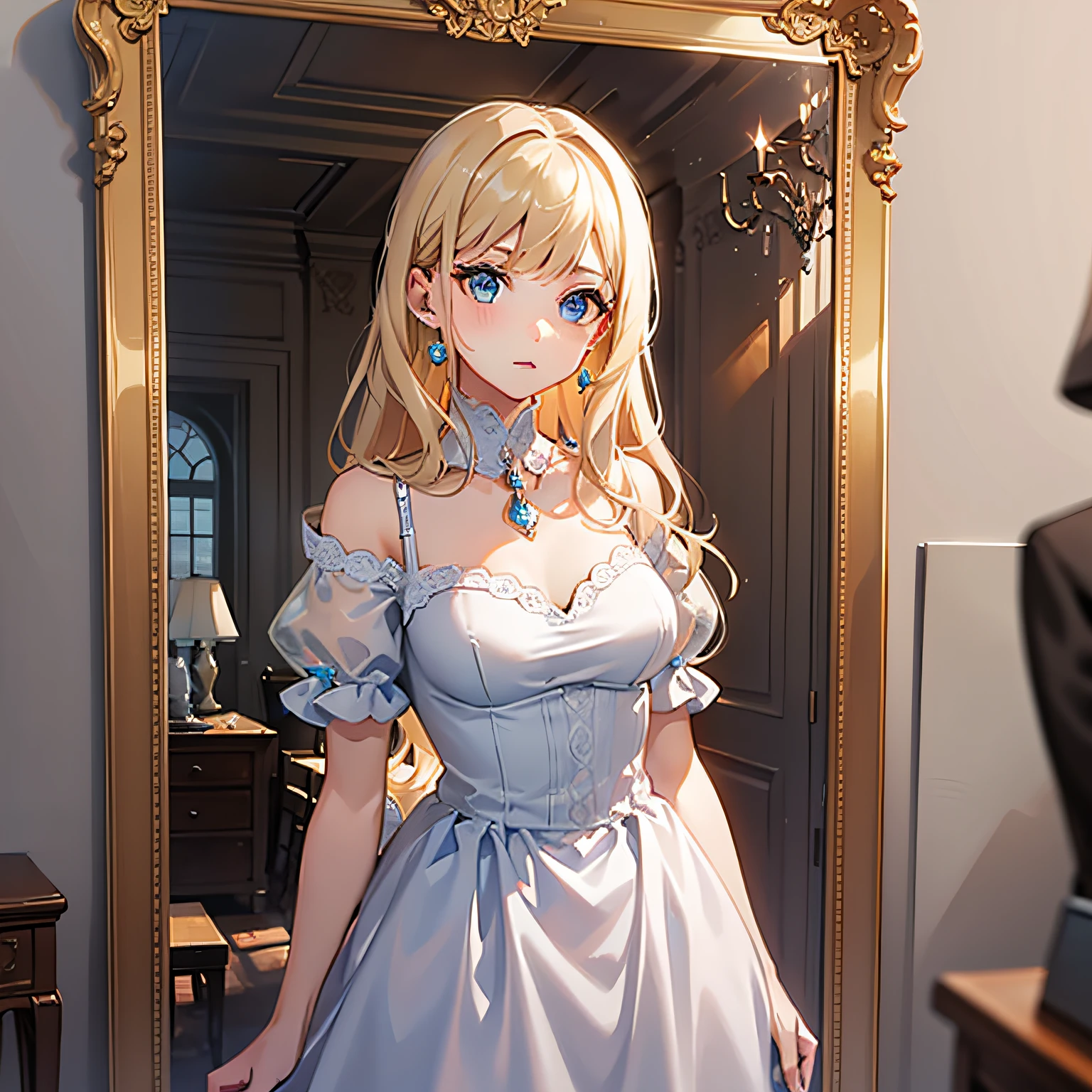 girl, blond hair, blue eyes, provanarse a dress, in front of a mirror