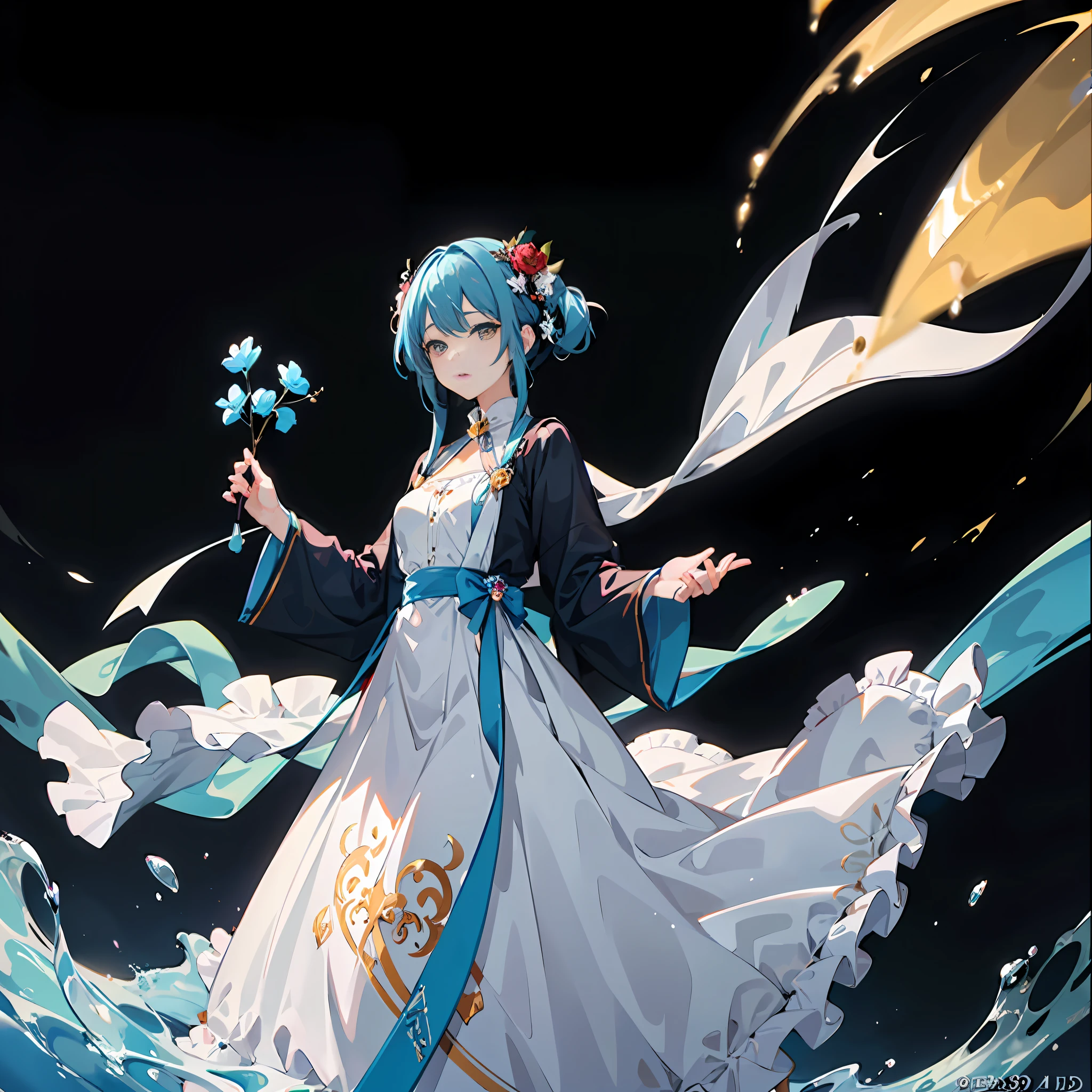 (Masterpiece), (Best quality), (A high resolution),A delicate beauty，（high saturated），（Colorful splashes），Colorful bubbles，（Shine），lightblue hair，By bangs，Hair rings，Floating flowers，Flowing colored hair，（Shiny），Holding a red umbrella in his hand，best illuminate