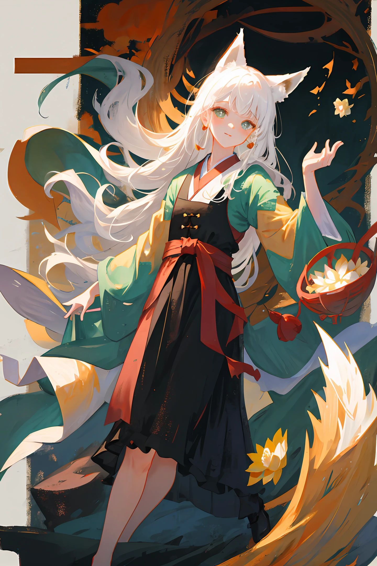 ((4k,masterpiece,best quality)), shuimobysim, traditional chinese ink painting, lotus, hanfu, maxiskit, dress conservatively
1 boy, solo, white hair, fox ears, white, fish, many fish near boy, look at viewer, tease,onee-shota,