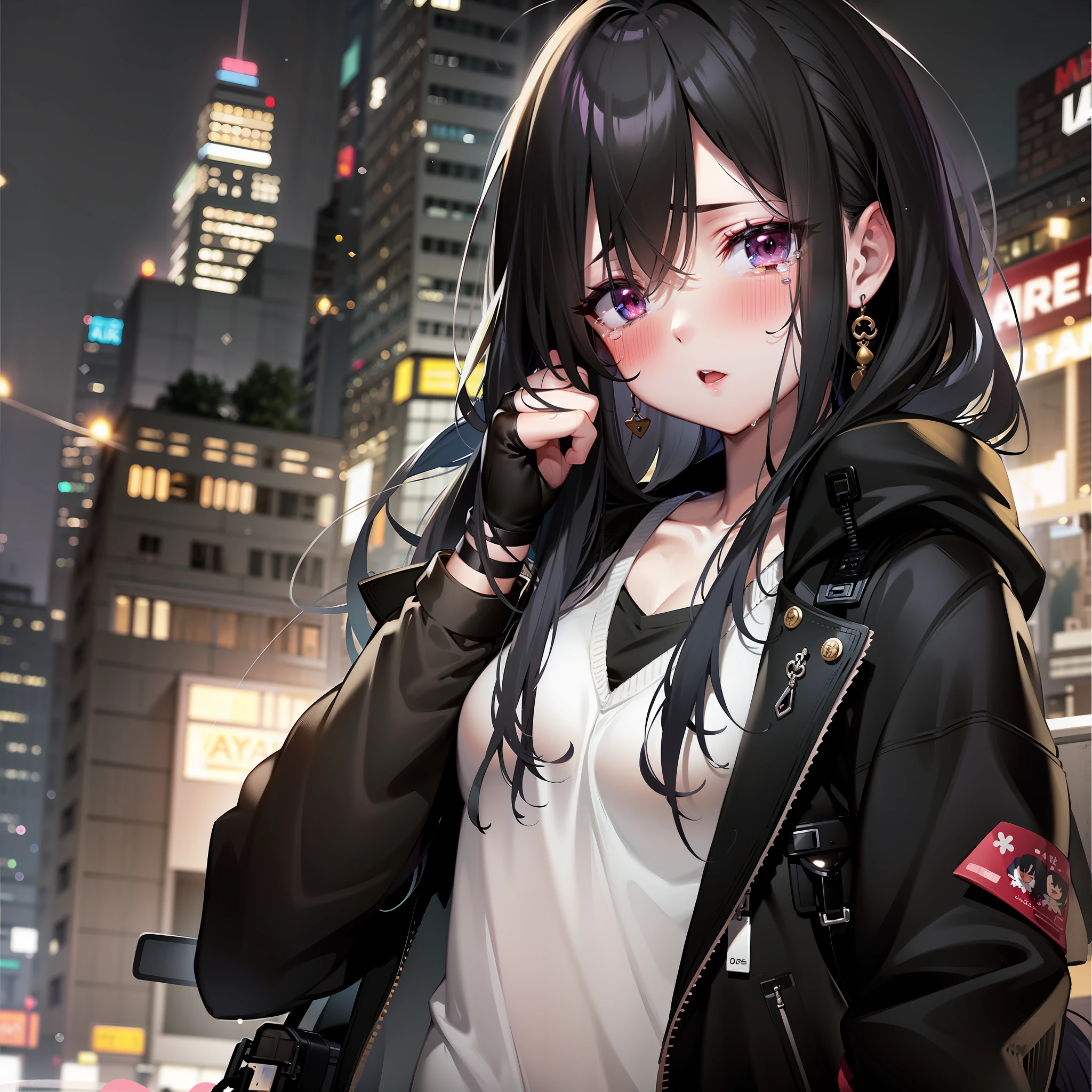 Anime girl in city night, style of anime4 K, Anime girls wear hoodies, animemanga girl, anime moe art style, 4K anime wallpaper, (Anime girl), urban girl fanart, anime visual of a cute girl, up of young anime girl, Anime wallpaper 4 k, Anime wallpaper 4K, Anime style. 8K,There were tears in his eyes