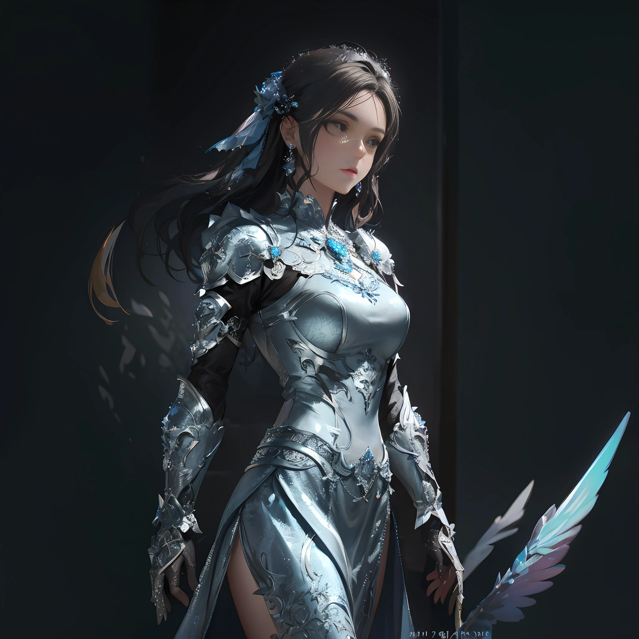 Full body picture of a woman in a silver dress,